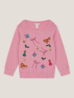 Monsoon Kids' Embellished Fuzzy Christmas Jumper, Pink - view 2, Pink
