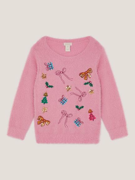 Monsoon Kids' Embellished Fuzzy Christmas Jumper, Pink - view 2, Pink