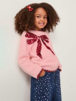 Monsoon Kids' Sequin Bow Fuzzy Jumper, Pink, Pink