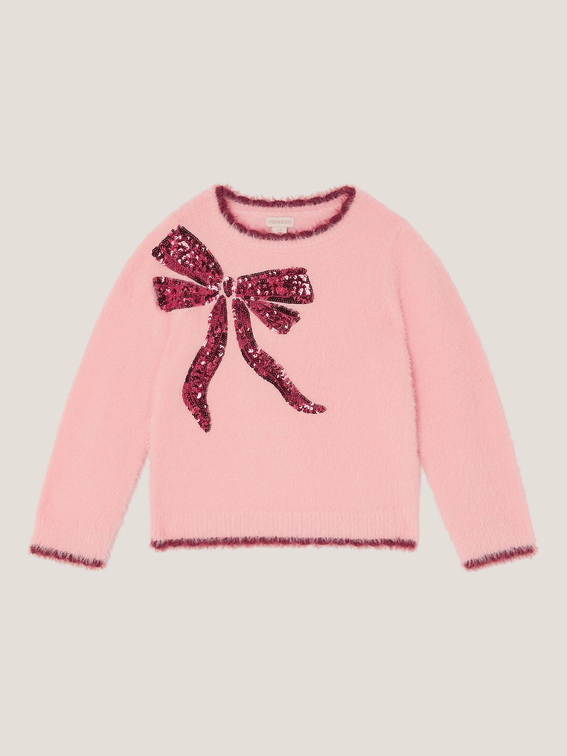 Product image 2 of 4, which shows Monsoon Kids' Sequin Bow Fuzzy Jumper, Pink, 5-6 years