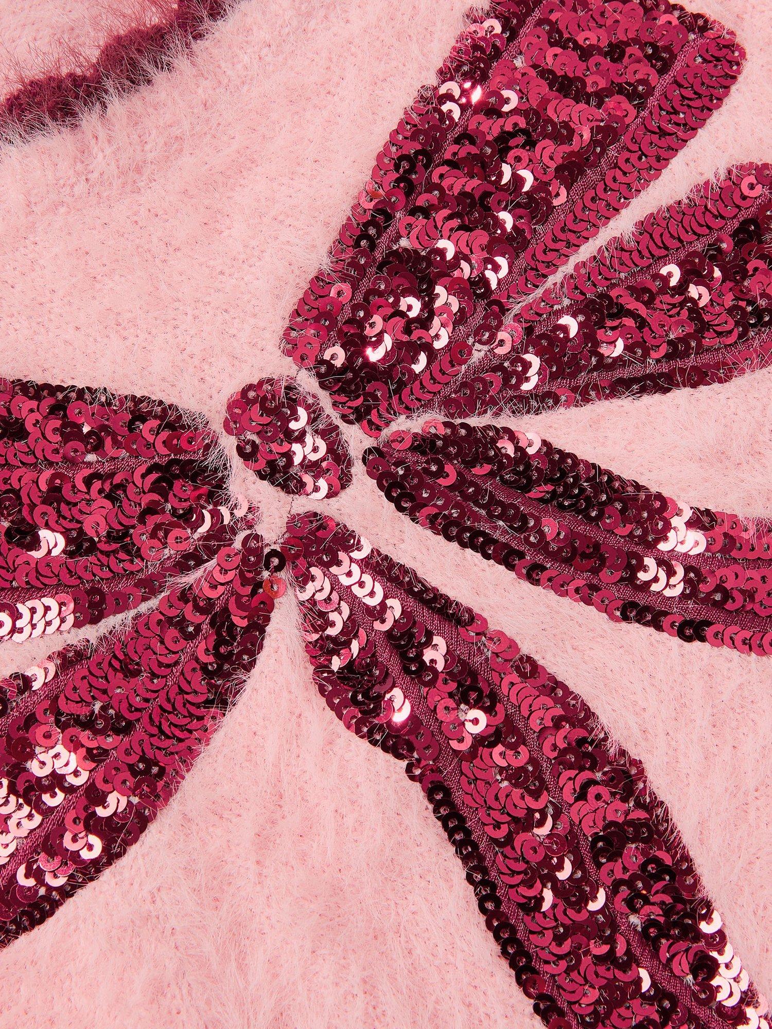 Product image 4 of 4, which shows Monsoon Kids' Sequin Bow Fuzzy Jumper, Pink, 5-6 years