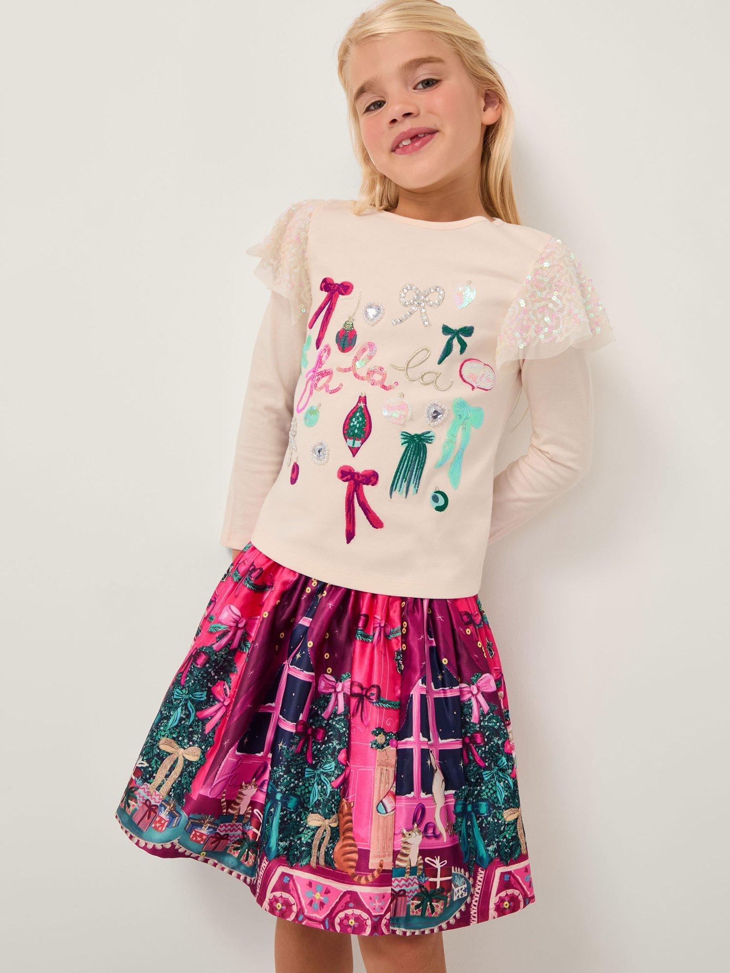 Product image 1 of 4, which shows Monsoon Kids' Christmas Skirt, Pink, 3-4 years