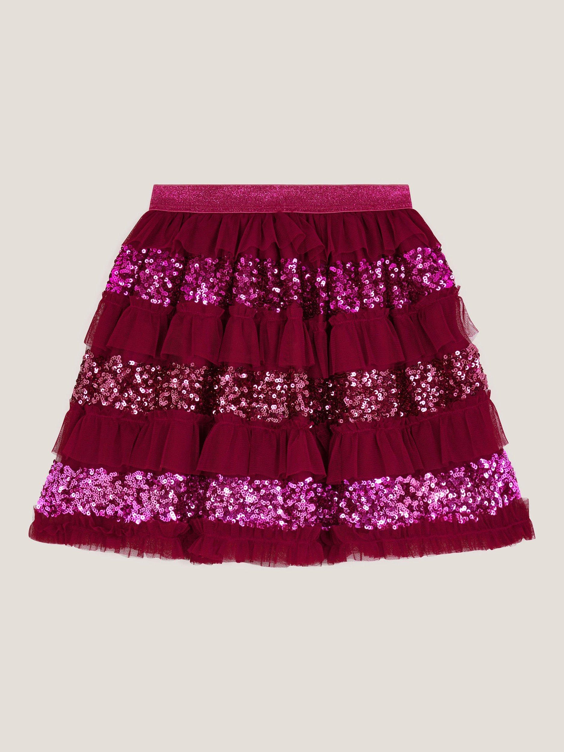 Product image 2 of 4, which shows Monsoon Kids' Sequin Ruffle Disco Skirt, Red, 3-4 years