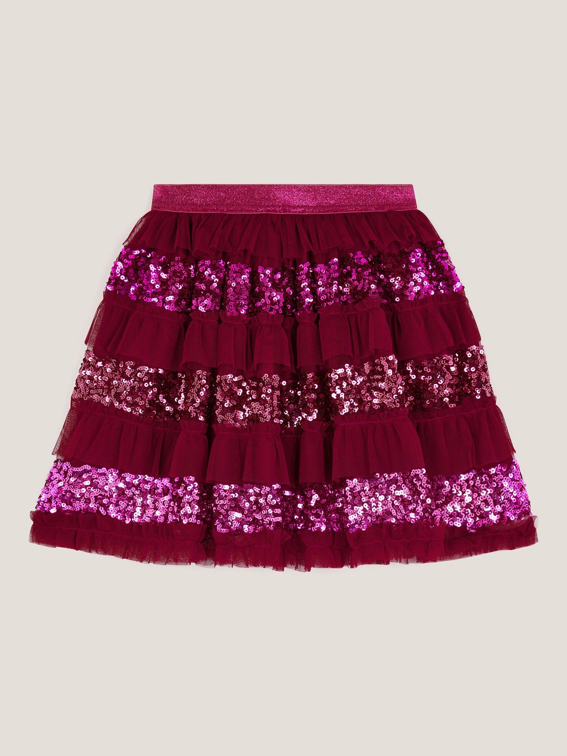 Product image 3 of 4, which shows Monsoon Kids' Sequin Ruffle Disco Skirt, Red, 3-4 years