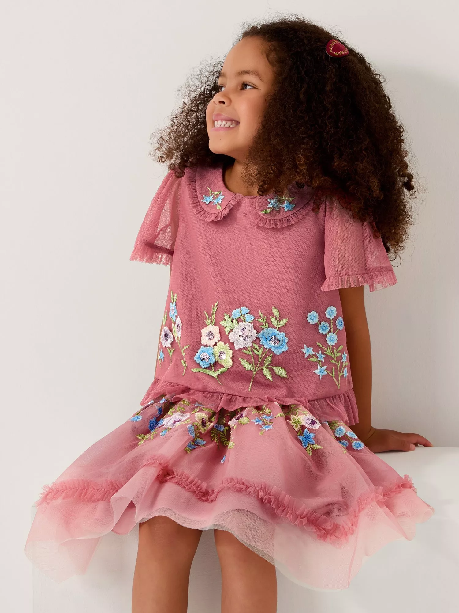 Monsoon Kids' Kristi Embellished Tulle Top, Dusky Pink