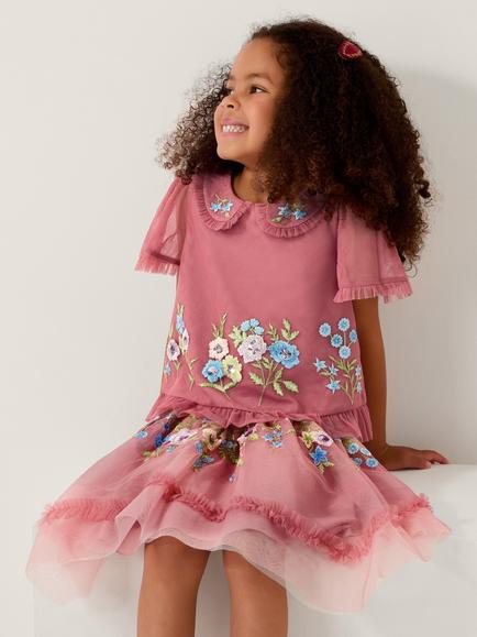 Monsoon Kids' Kristi Embellished Tulle Top, Dusky Pink, Dusky Pink