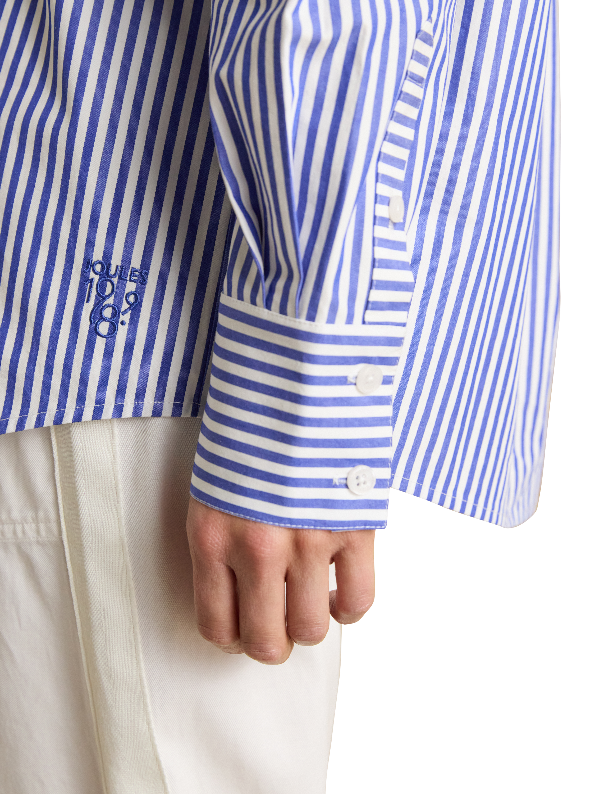Product image 6 of 7, which shows Joules Amilla Embellished Stripe Shirt, Blue/Multi, 6