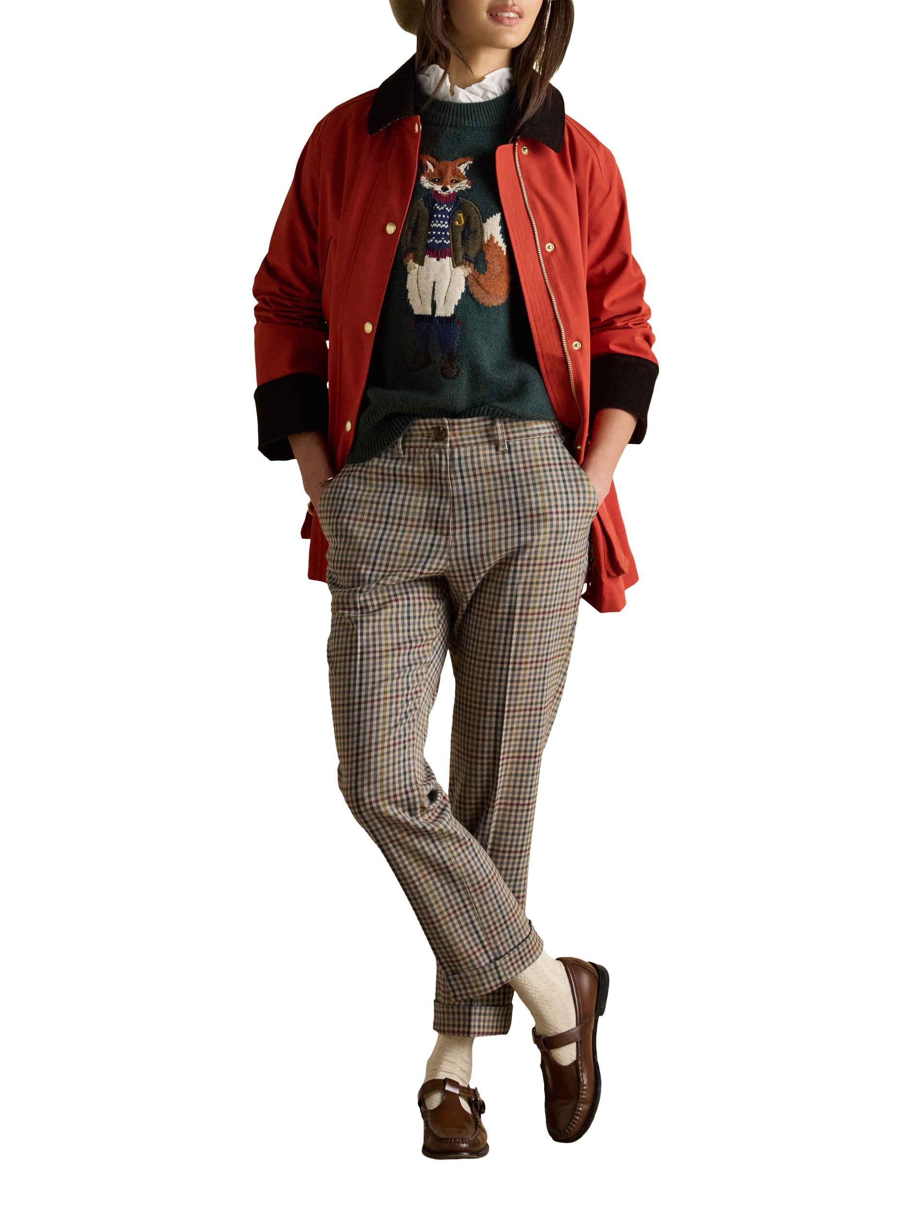 Product image 1 of 8, which shows Joules Ada Tweed Mid Rise Tailored Trousers , Brown/Multi, 20