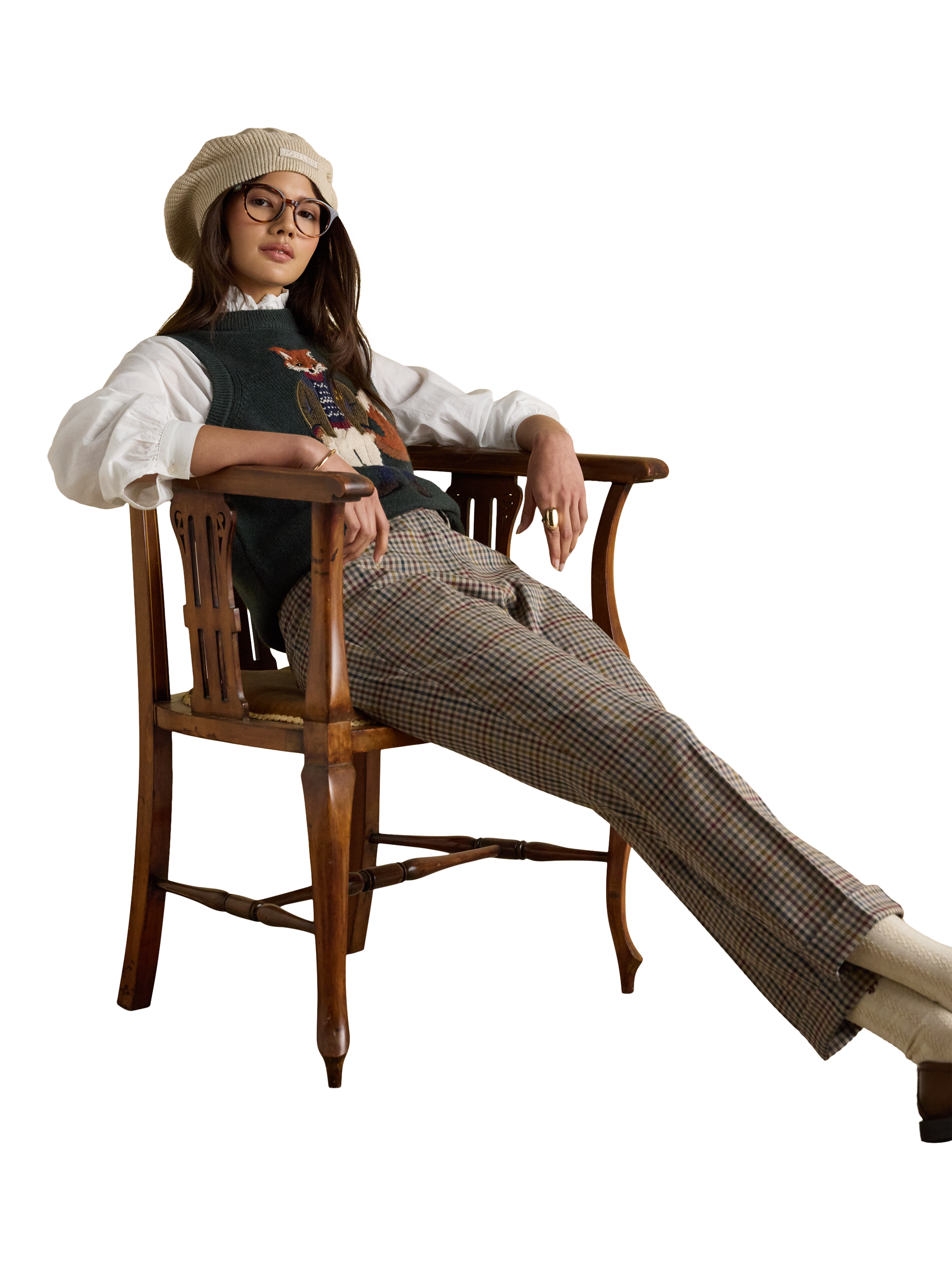 Product image 2 of 8, which shows Joules Ada Tweed Mid Rise Tailored Trousers , Brown/Multi, 20