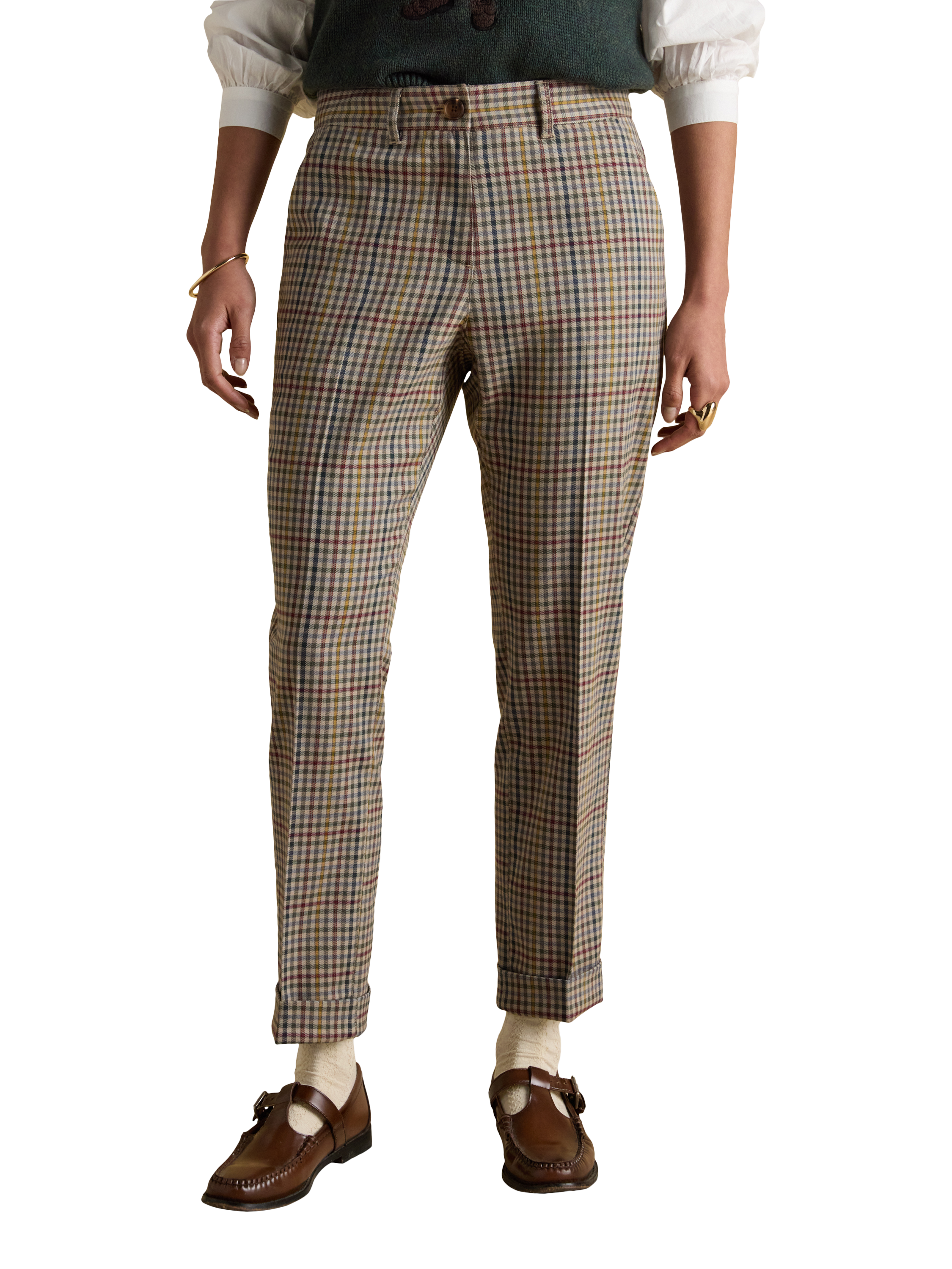Product image 3 of 8, which shows Joules Ada Tweed Mid Rise Tailored Trousers , Brown/Multi, 20