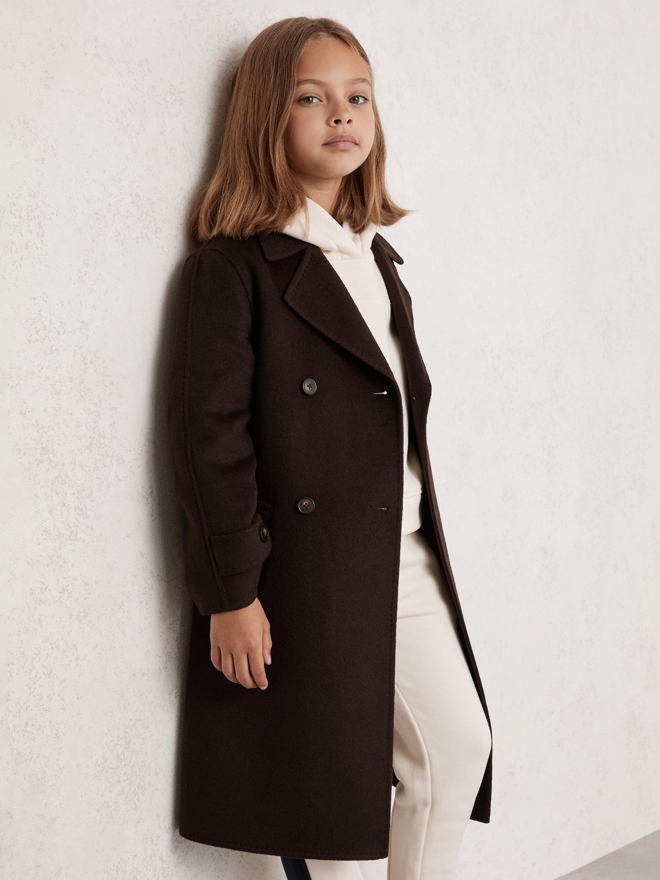 Product image 1 of 4, which shows Reiss Kids' Rene Wool Blend Belted Coat, Chocolate Brown, 3-4 years