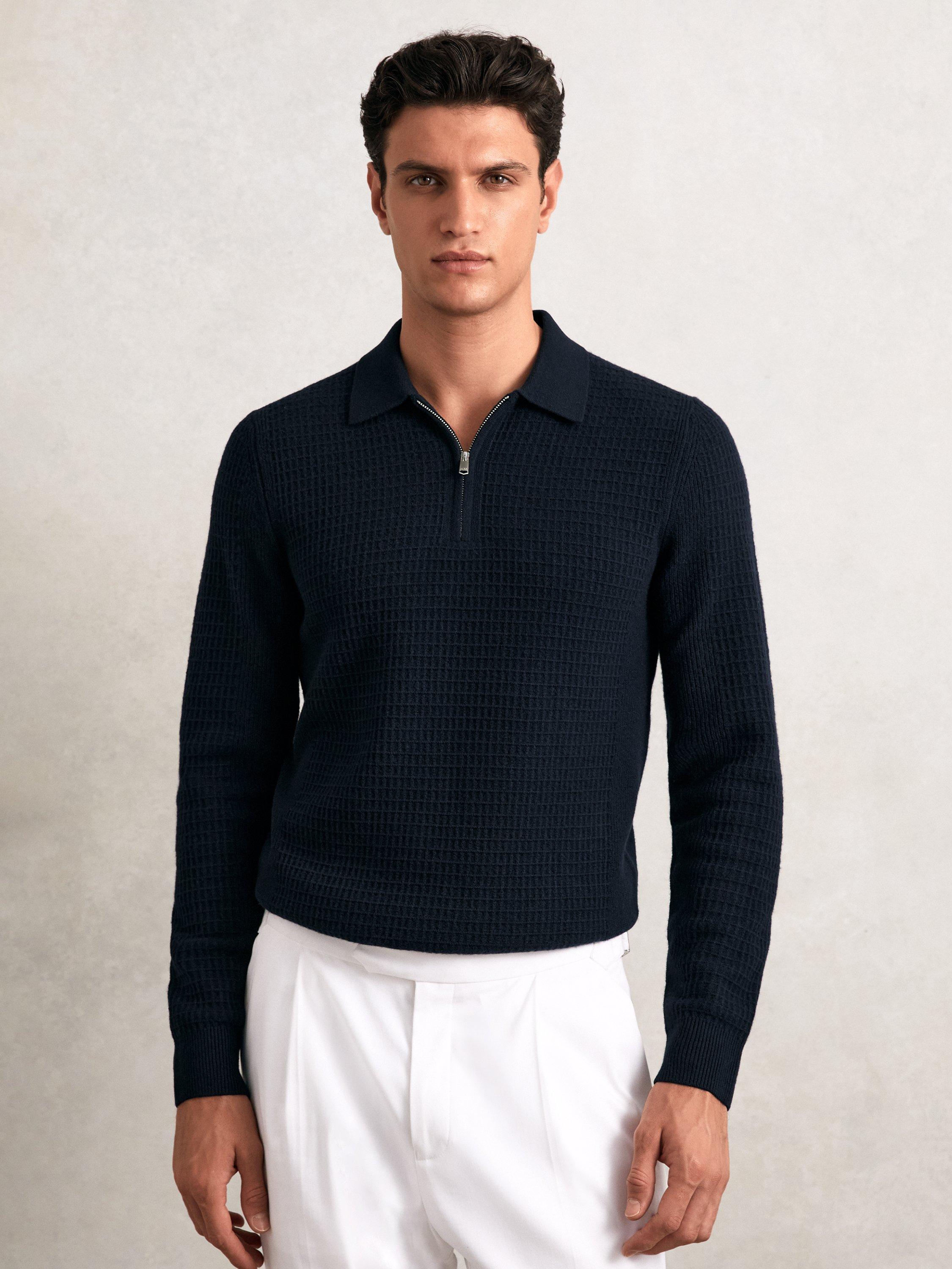Product image 1 of 5, which shows Reiss Hamilton Half Zip Wool Polo Shirt, Navy, L