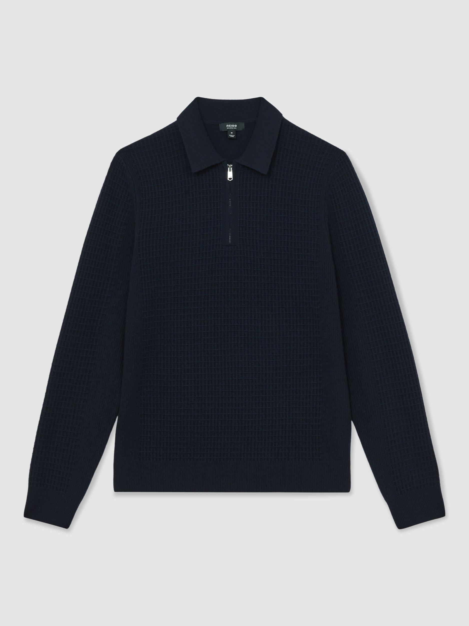 Product image 3 of 5, which shows Reiss Hamilton Half Zip Wool Polo Shirt, Navy, L