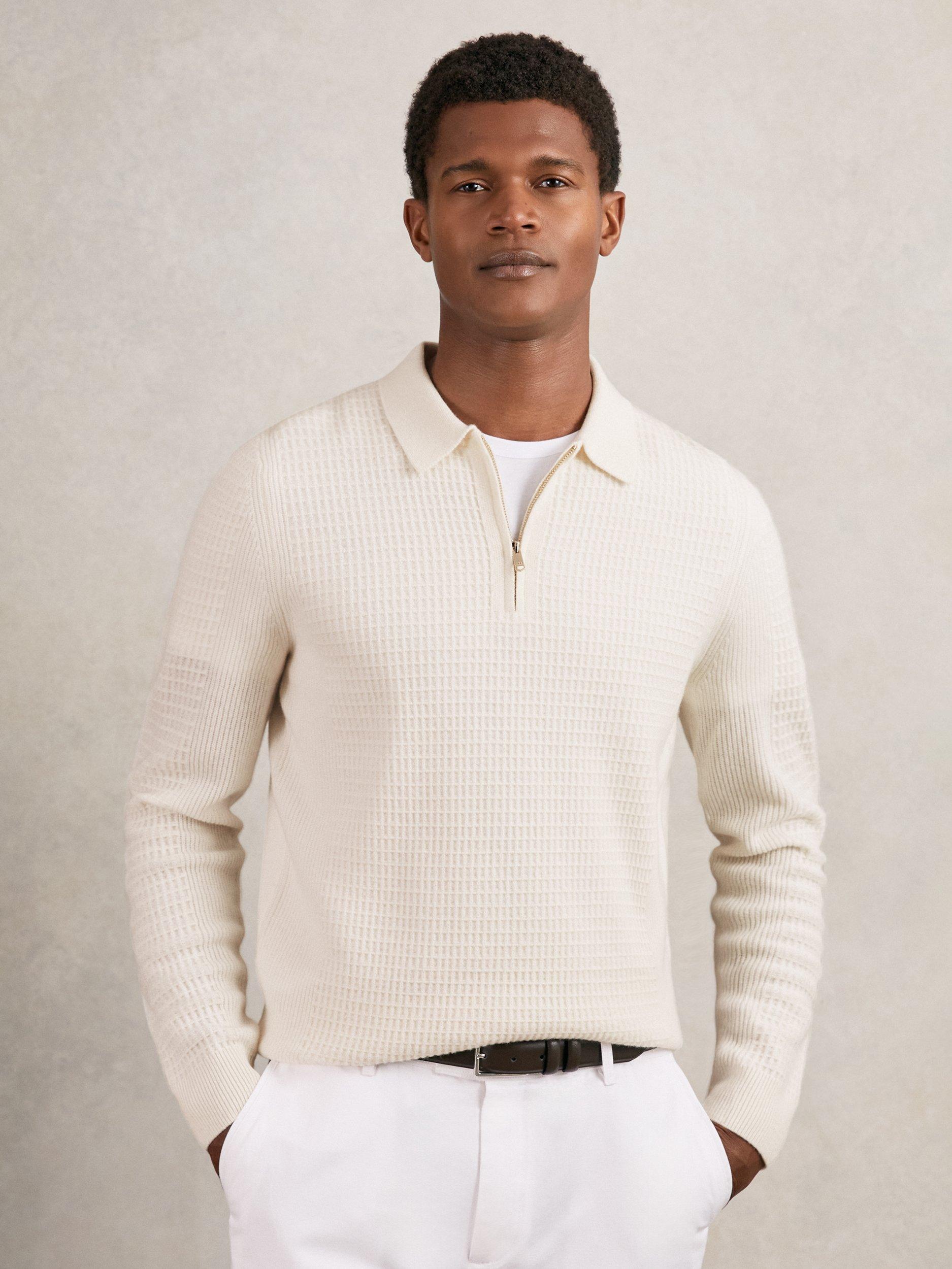 Product image 1 of 5, which shows Reiss Hamilton Half Zip Wool Polo Shirt, Off White, XS