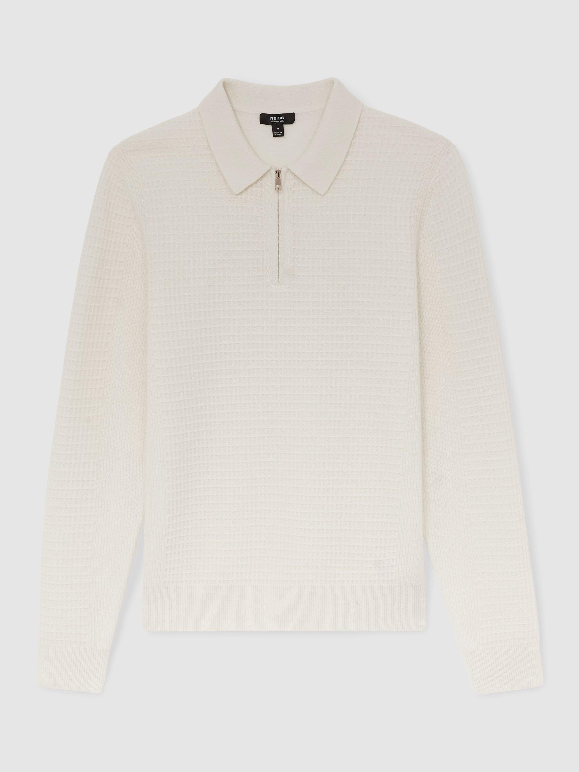 Product image 3 of 5, which shows Reiss Hamilton Half Zip Wool Polo Shirt, Off White, XS