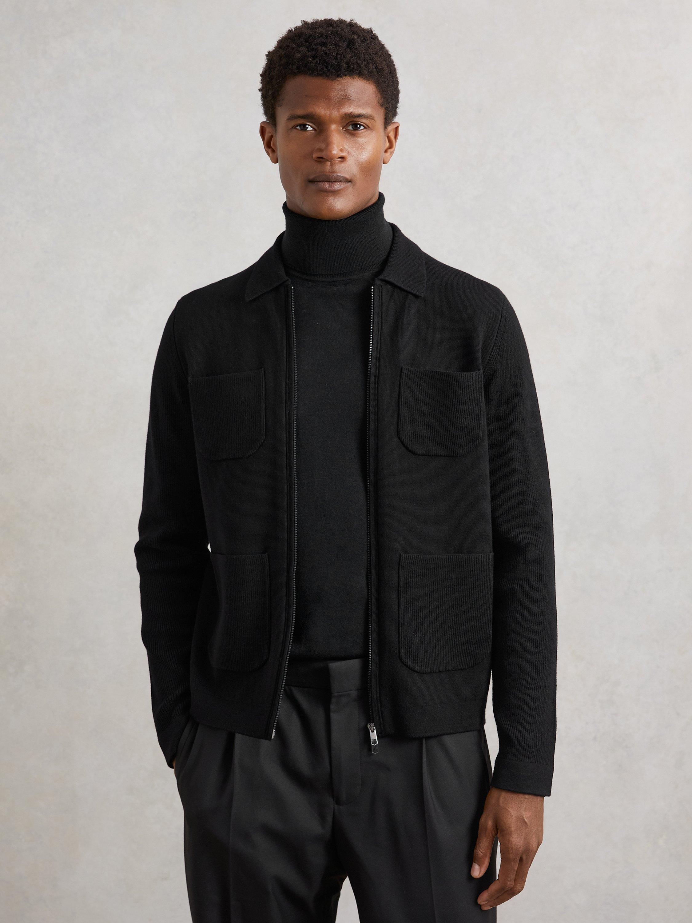 Product image 1 of 5, which shows Reiss Roberto Zip Front Cardigan, Black, XS