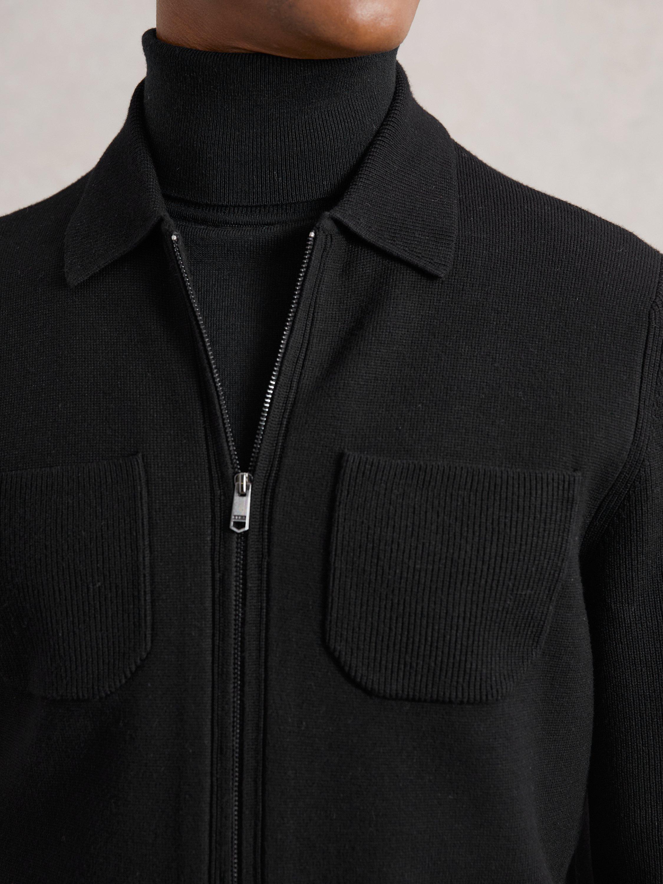 Product image 4 of 5, which shows Reiss Roberto Zip Front Cardigan, Black, XS