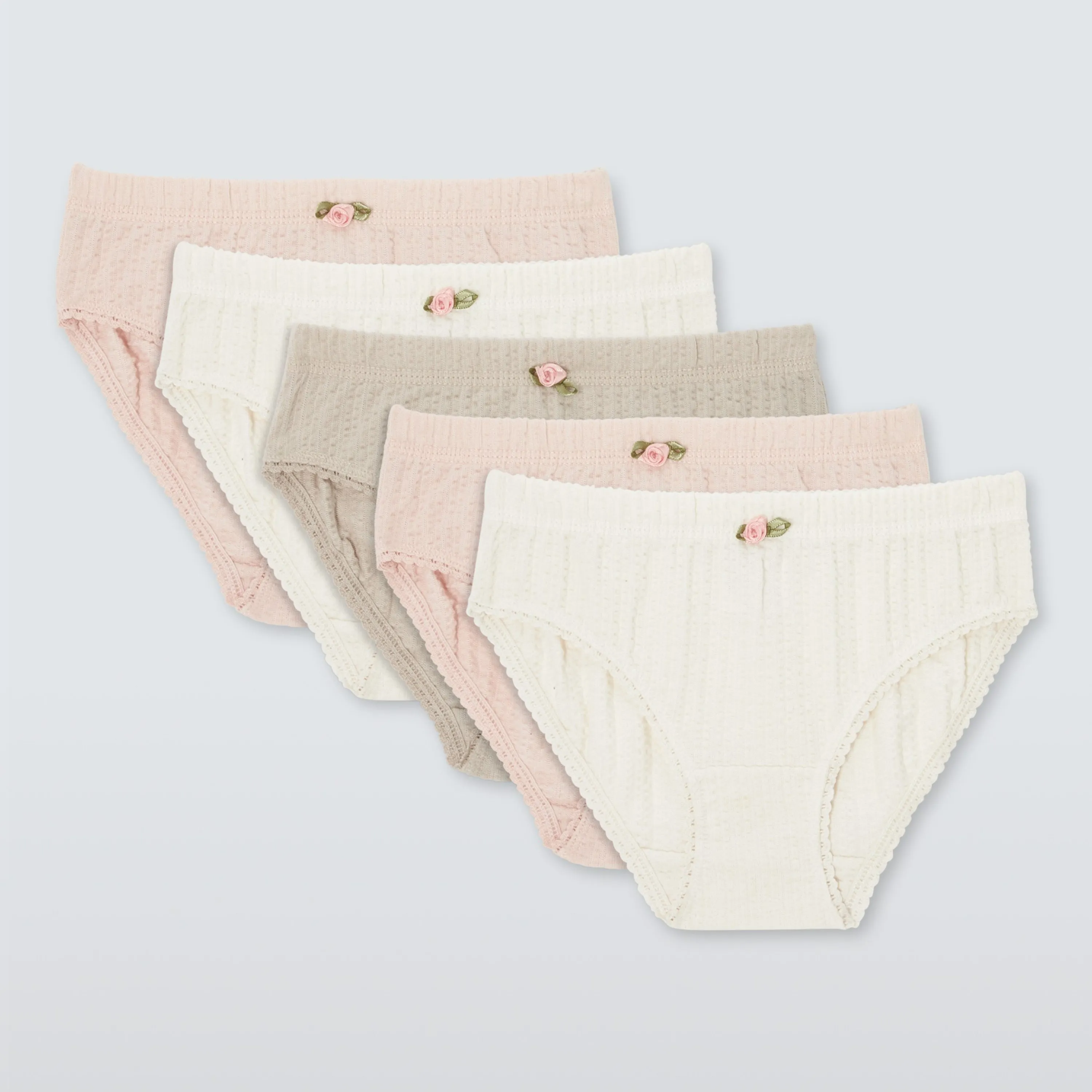 Pack of five girls’ cotton briefs in pink, cream and grey with rose detail, soft ribbed fabric underwear set