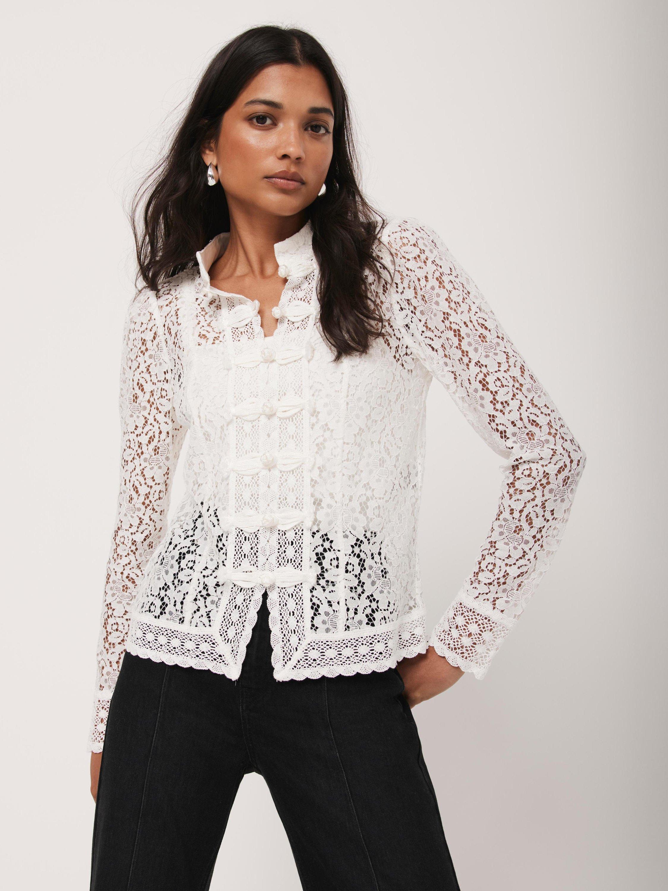 Mint Velvet Lace Scallop Top, White Ivory