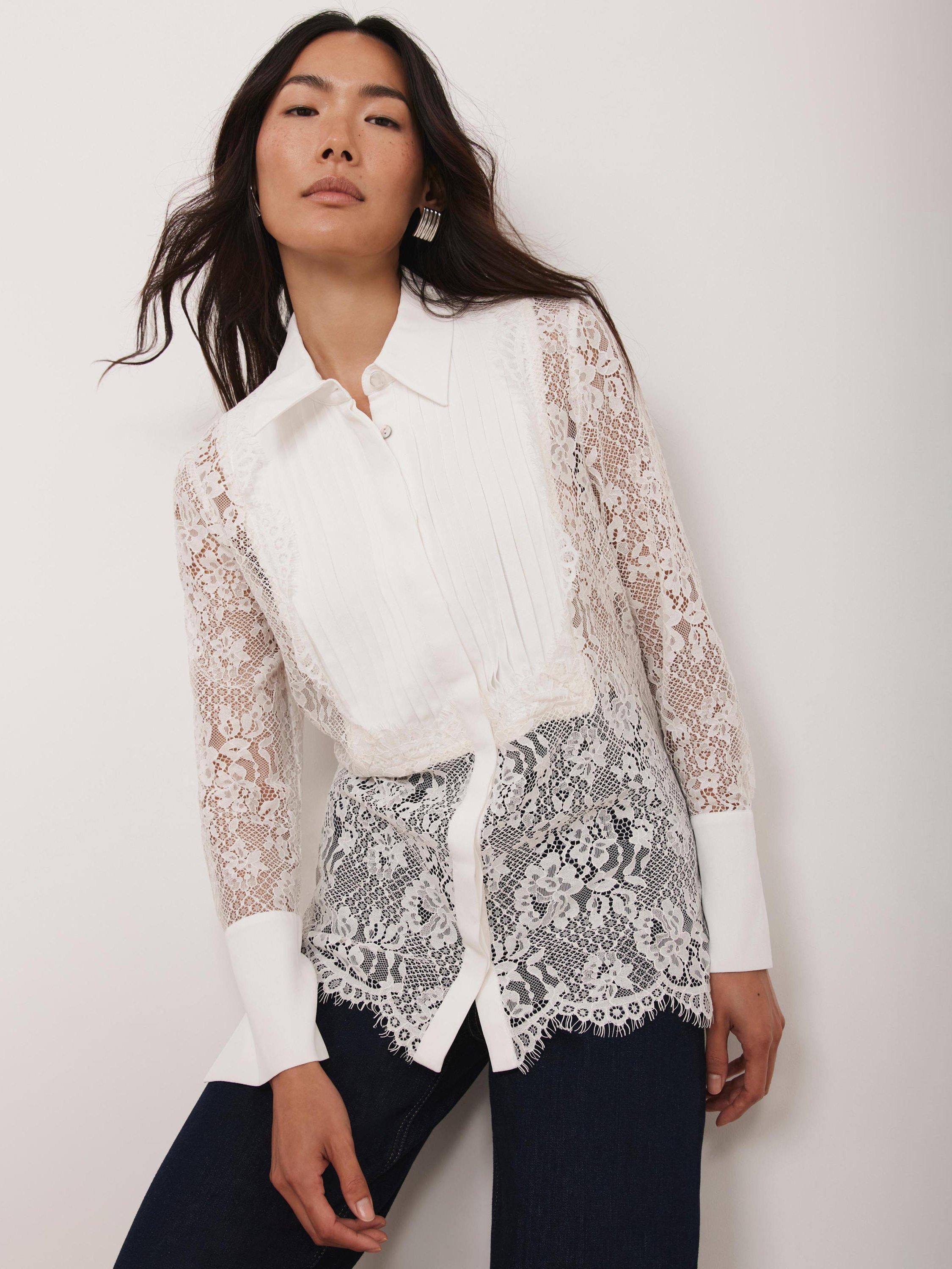 Product image 1 of 7, which shows Mint Velvet Lace Pintuck Shirt, White Ivory, 10