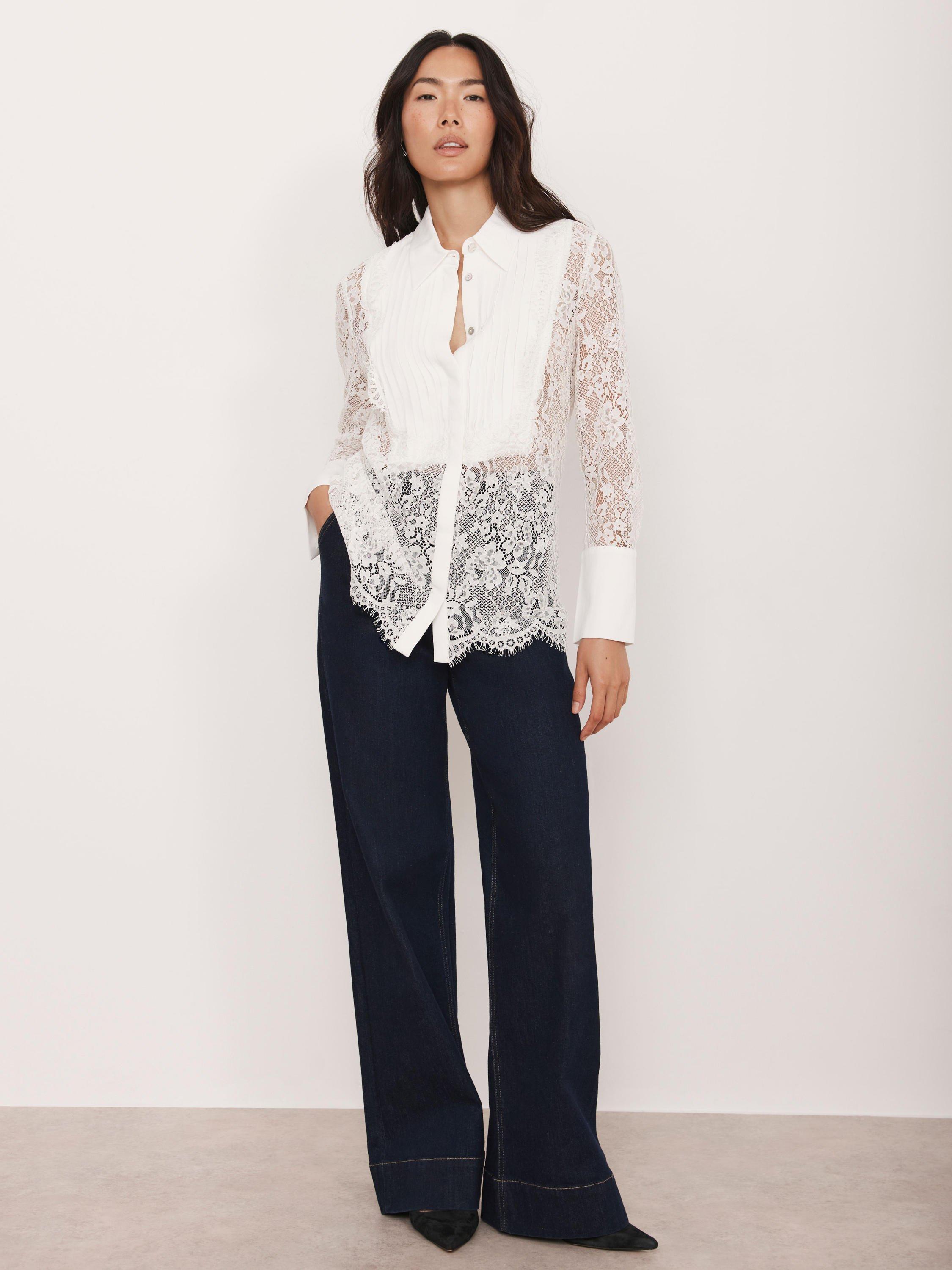 Product image 3 of 7, which shows Mint Velvet Lace Pintuck Shirt, White Ivory, 10