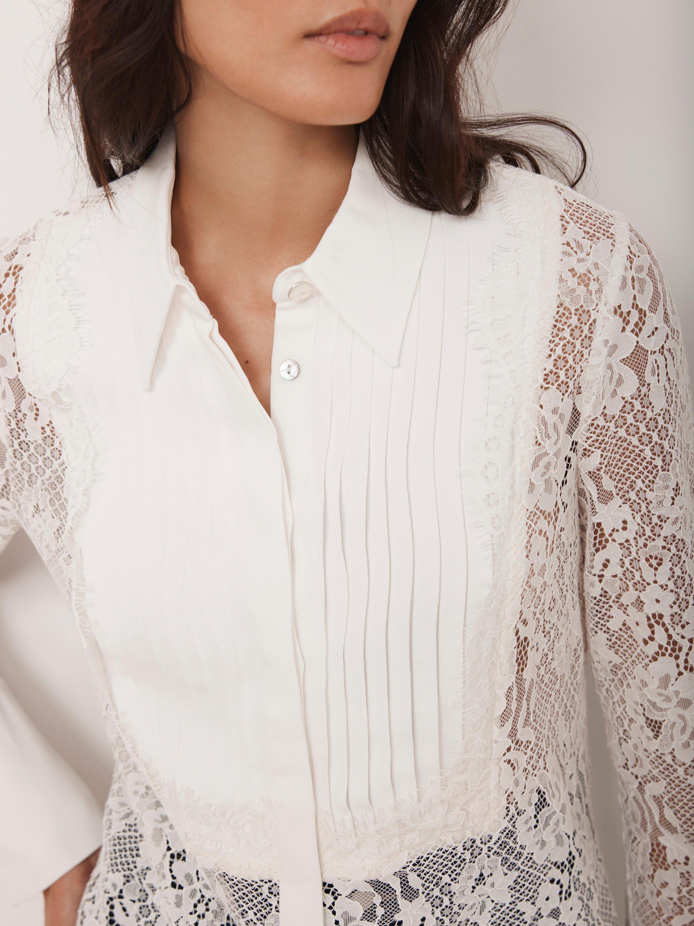 Product image 4 of 7, which shows Mint Velvet Lace Pintuck Shirt, White Ivory, 10