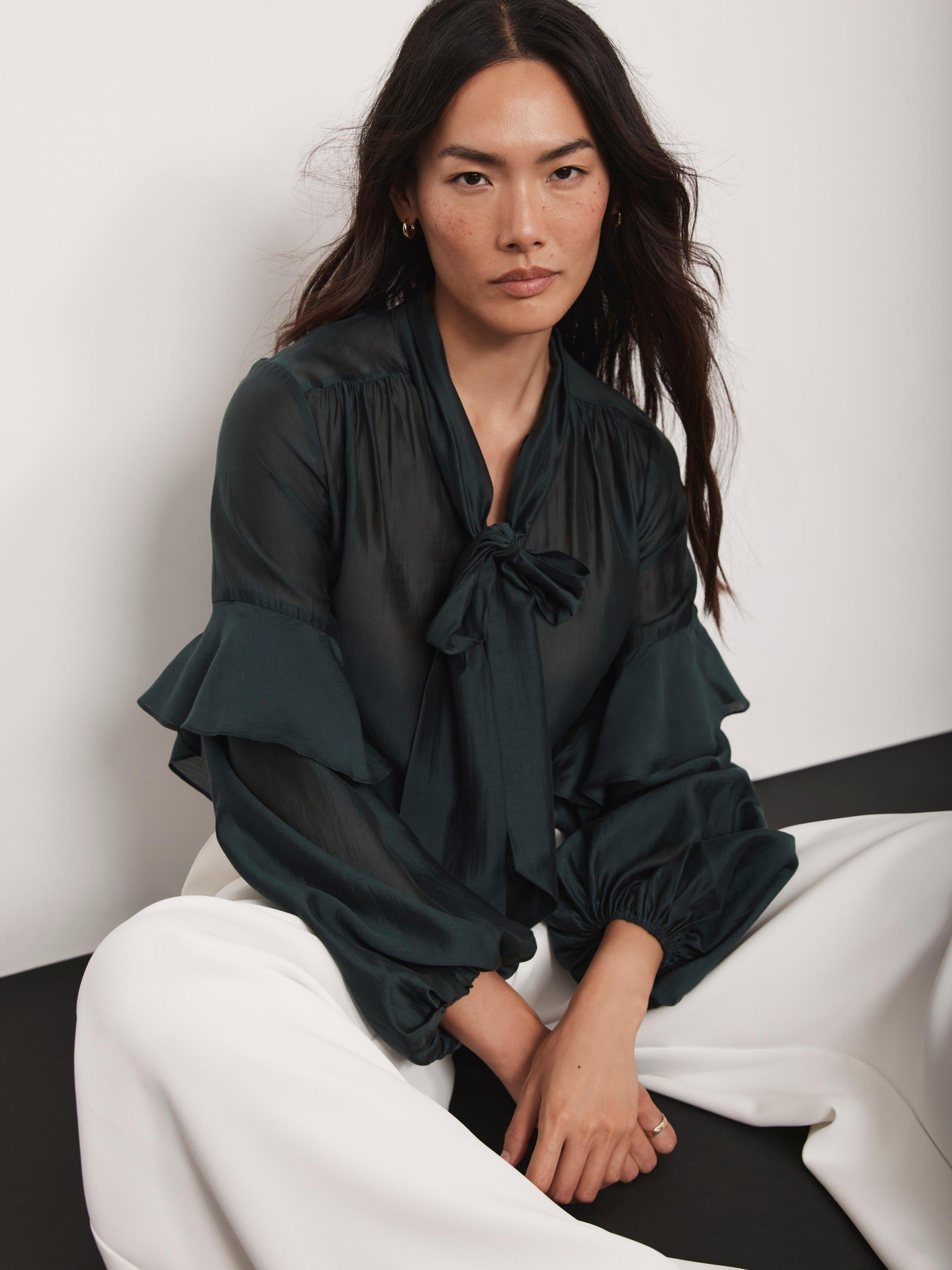 Product image 1 of 8, which shows Mint Velvet Pussy Bow Ruffle Blouse, Green, 10