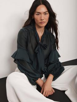 Mint Velvet Pussy Bow Ruffle Blouse, Green, Green