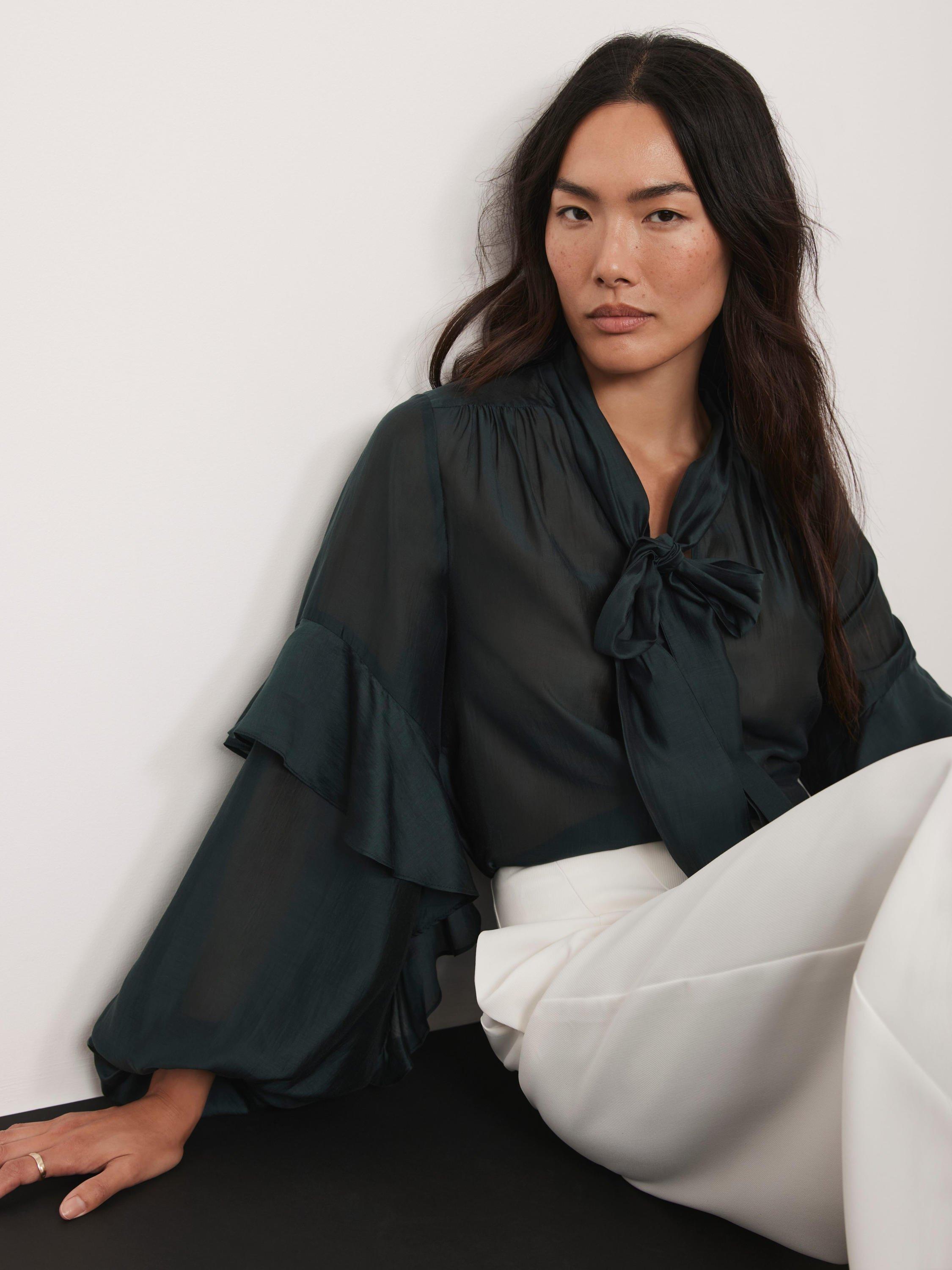 Product image 2 of 8, which shows Mint Velvet Pussy Bow Ruffle Blouse, Green, 10