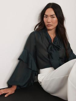 Mint Velvet Pussy Bow Ruffle Blouse, Green - view 2, Green