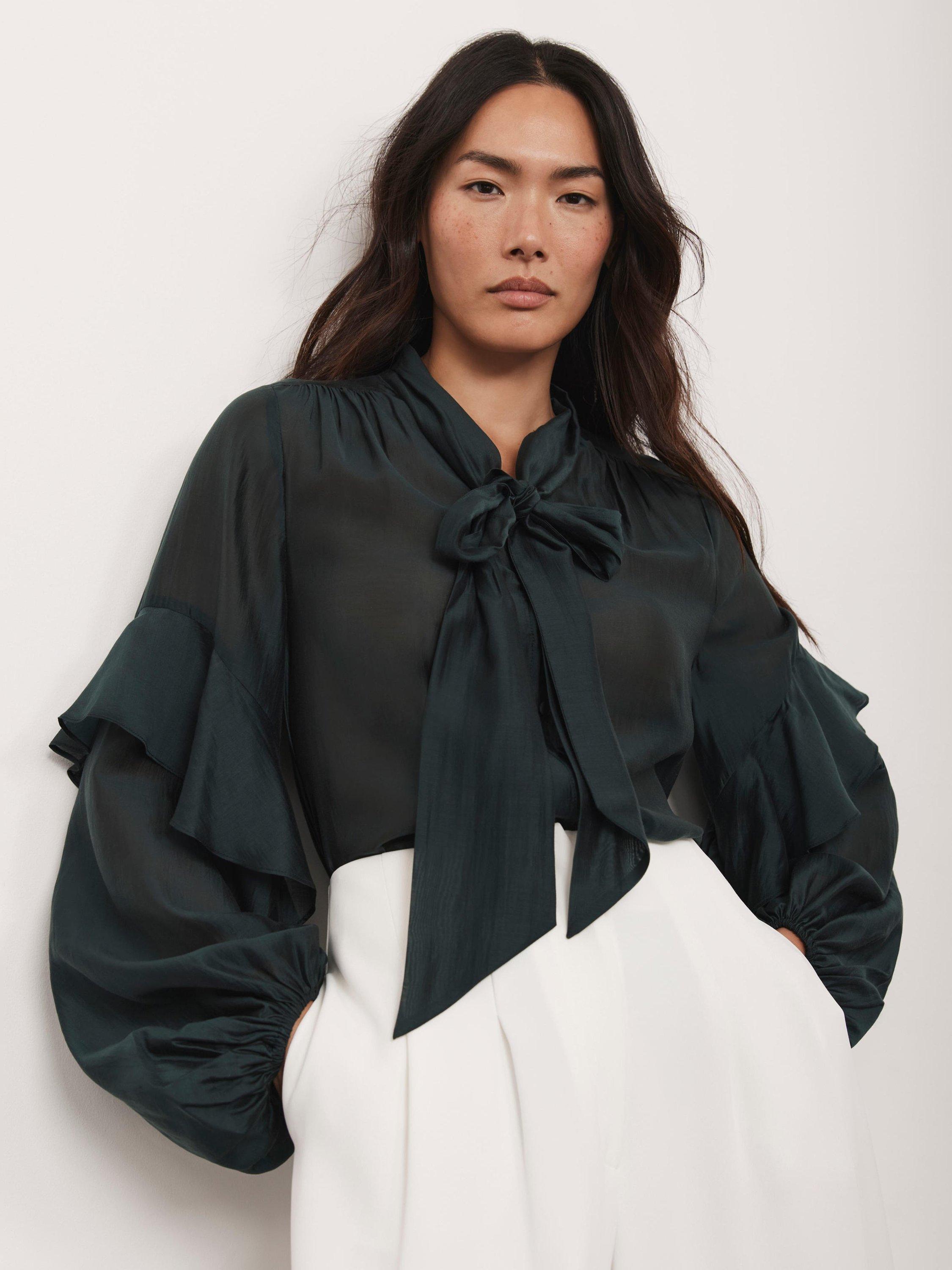 Product image 3 of 8, which shows Mint Velvet Pussy Bow Ruffle Blouse, Green, 10