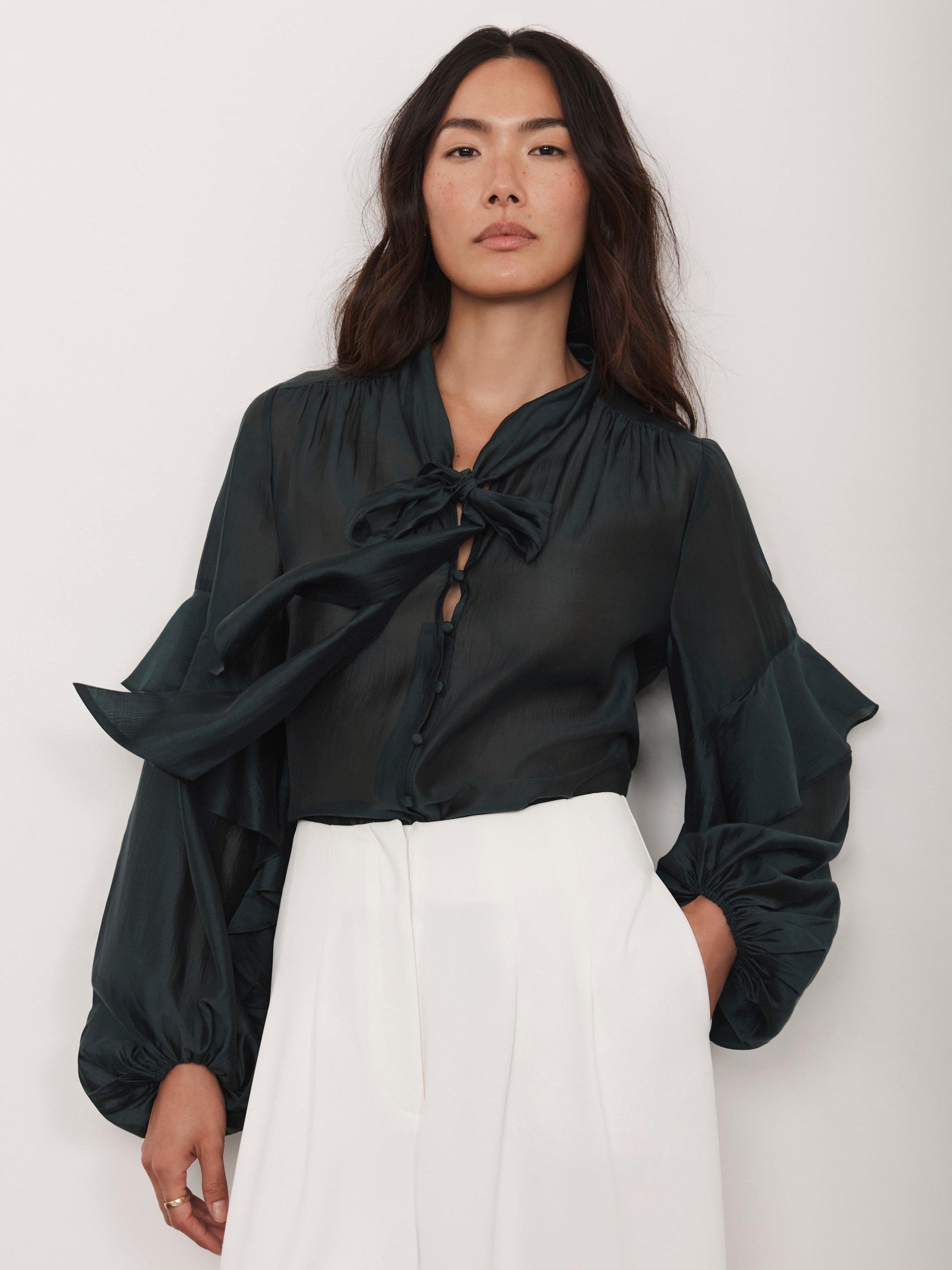 Product image 4 of 8, which shows Mint Velvet Pussy Bow Ruffle Blouse, Green, 10