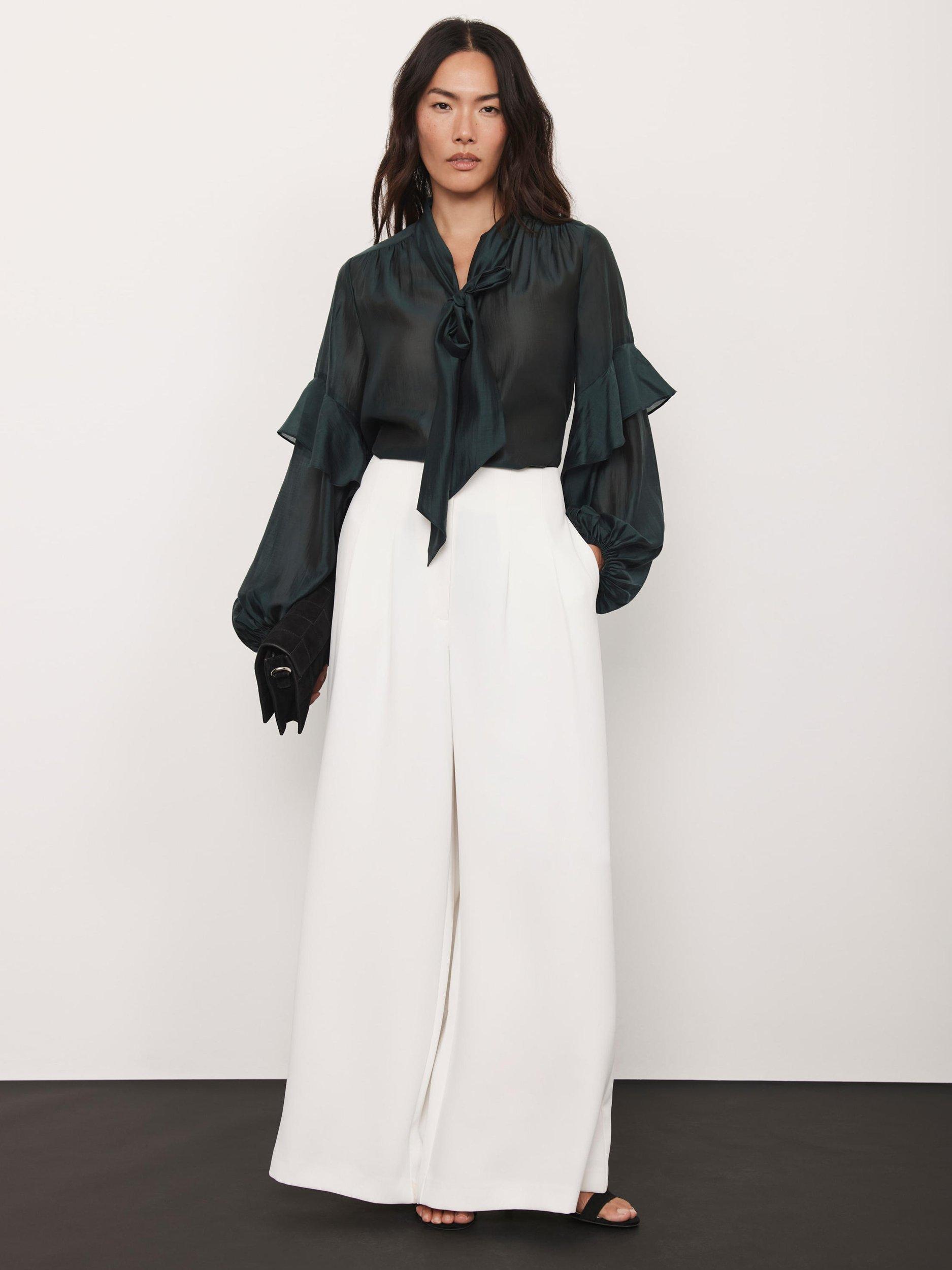 Product image 5 of 8, which shows Mint Velvet Pussy Bow Ruffle Blouse, Green, 10