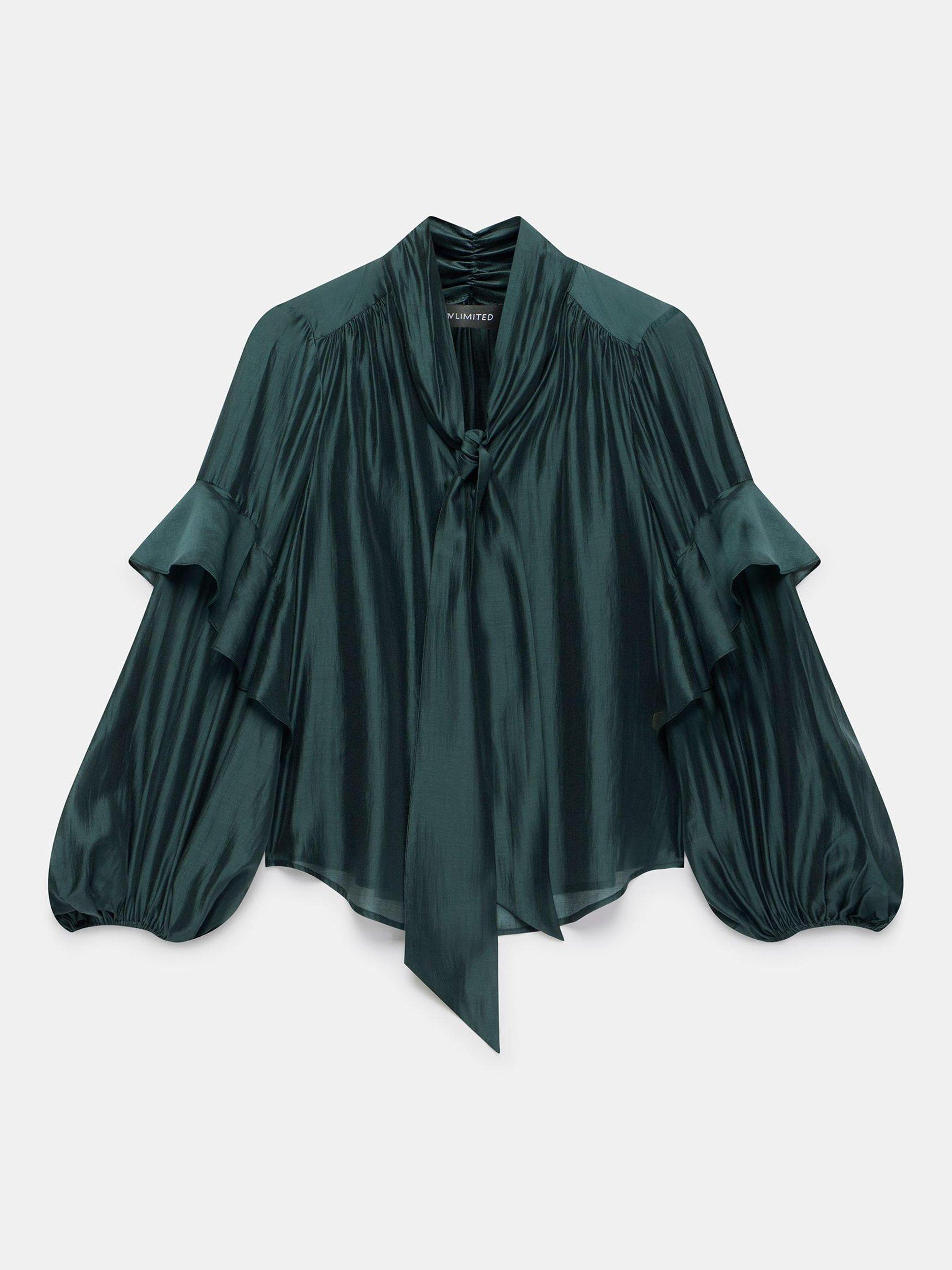 Product image 7 of 8, which shows Mint Velvet Pussy Bow Ruffle Blouse, Green, 10