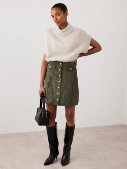 Mint Velvet Popper Front Pure Suede Mini Skirt, Green Khaki, Green Khaki