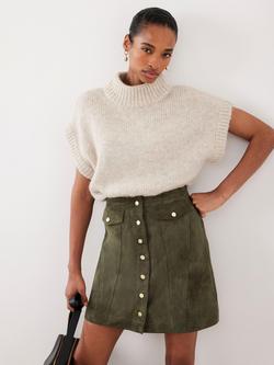 Mint Velvet Popper Front Pure Suede Mini Skirt, Green Khaki - view 2, Green Khaki