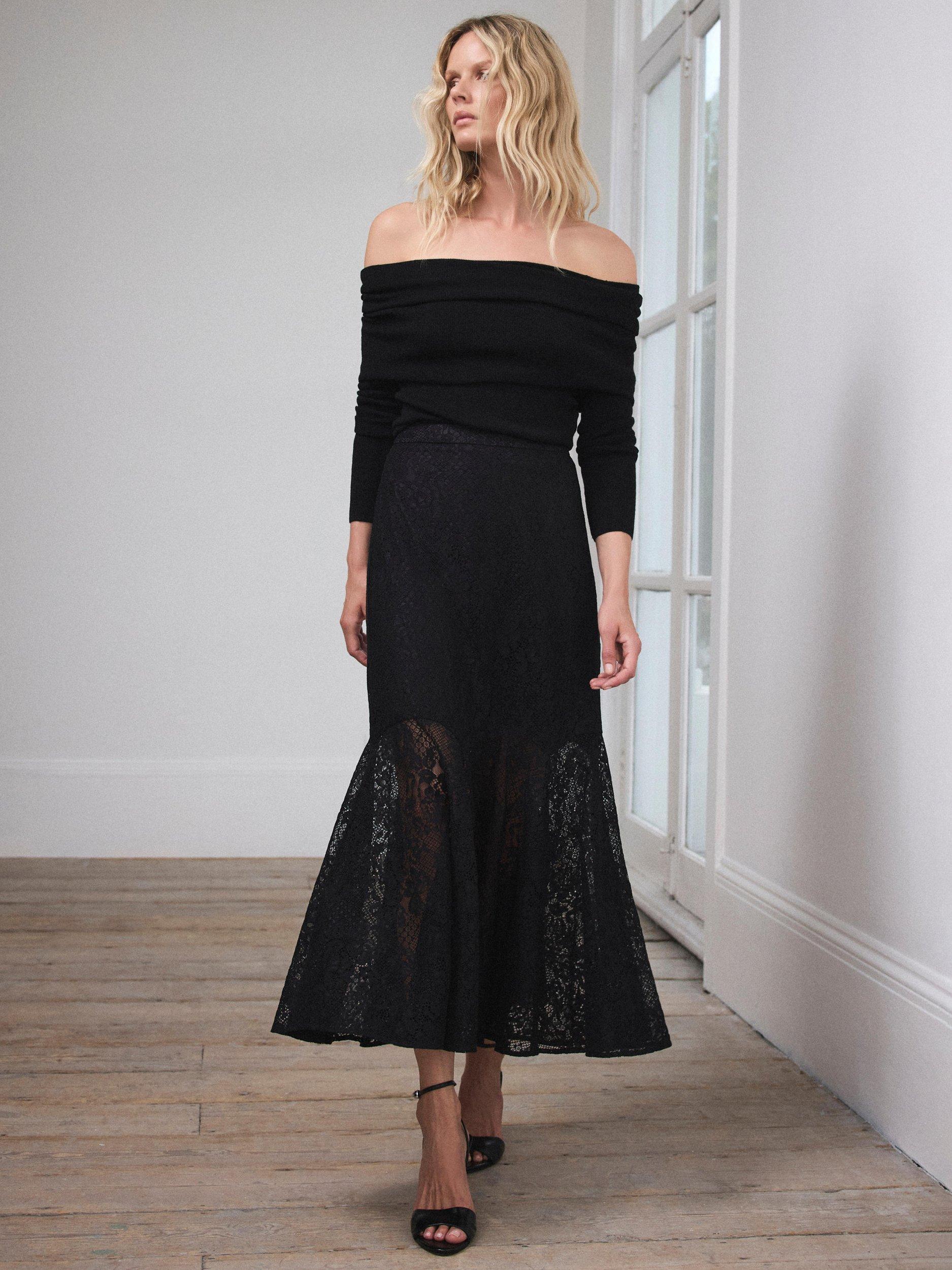 Product image 2 of 8, which shows Mint Velvet Lace Fluted Sheer Skirt, Black, 6
