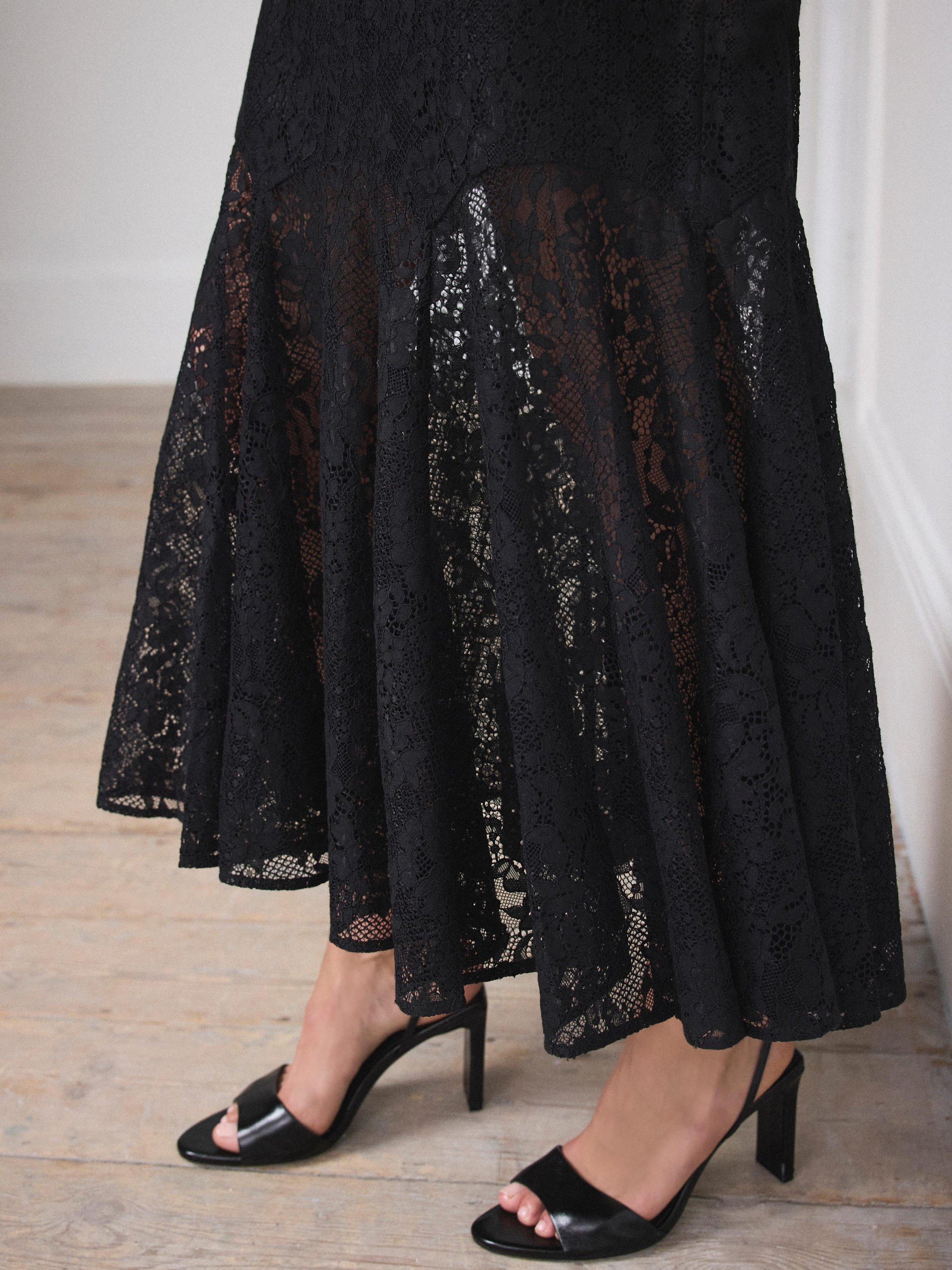 Product image 4 of 8, which shows Mint Velvet Lace Fluted Sheer Skirt, Black, 6