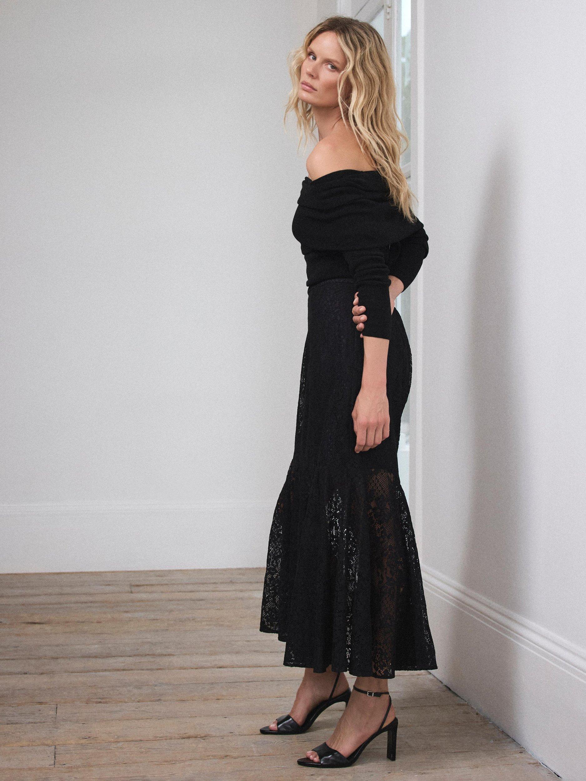 Product image 5 of 8, which shows Mint Velvet Lace Fluted Sheer Skirt, Black, 6