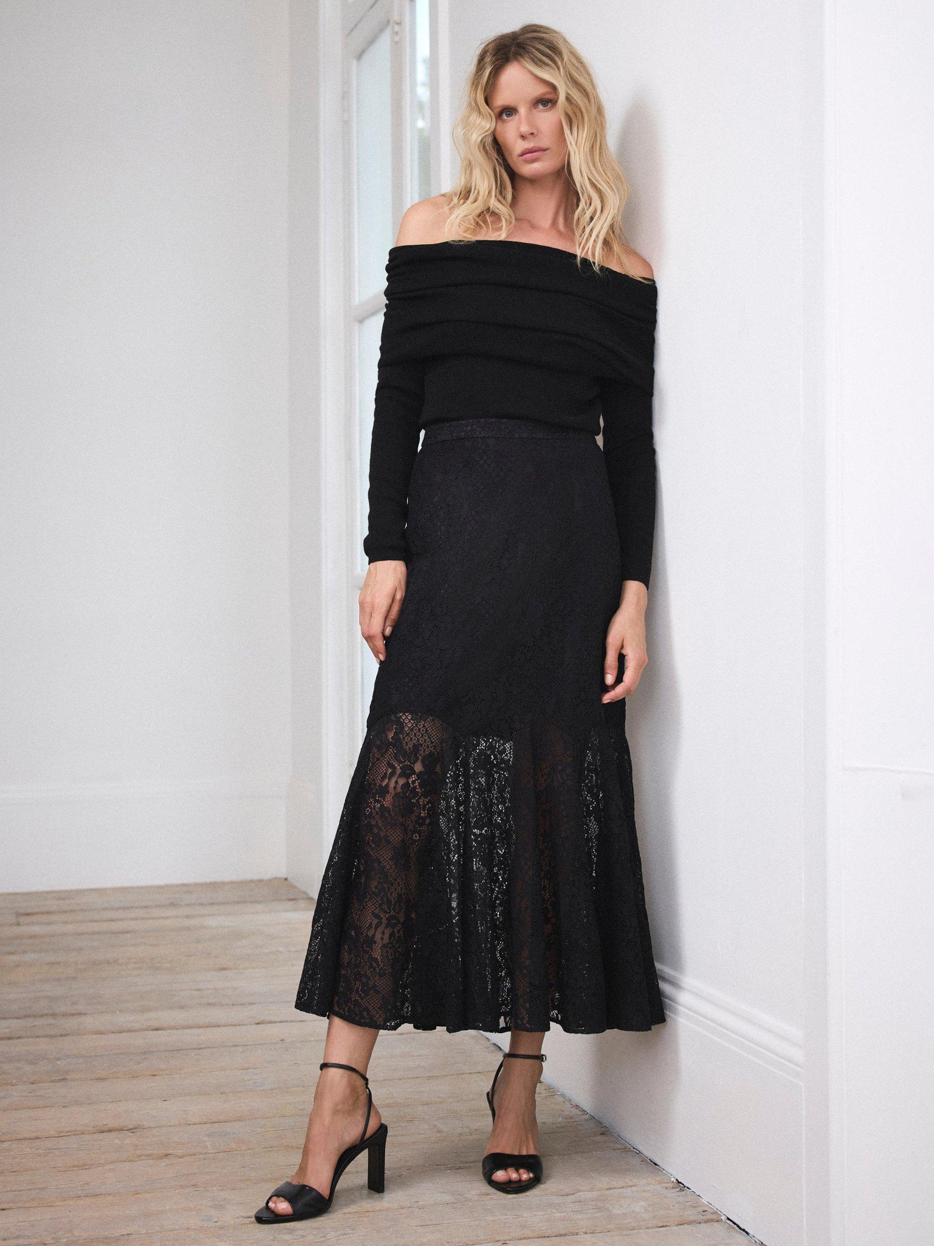 Product image 6 of 8, which shows Mint Velvet Lace Fluted Sheer Skirt, Black, 6