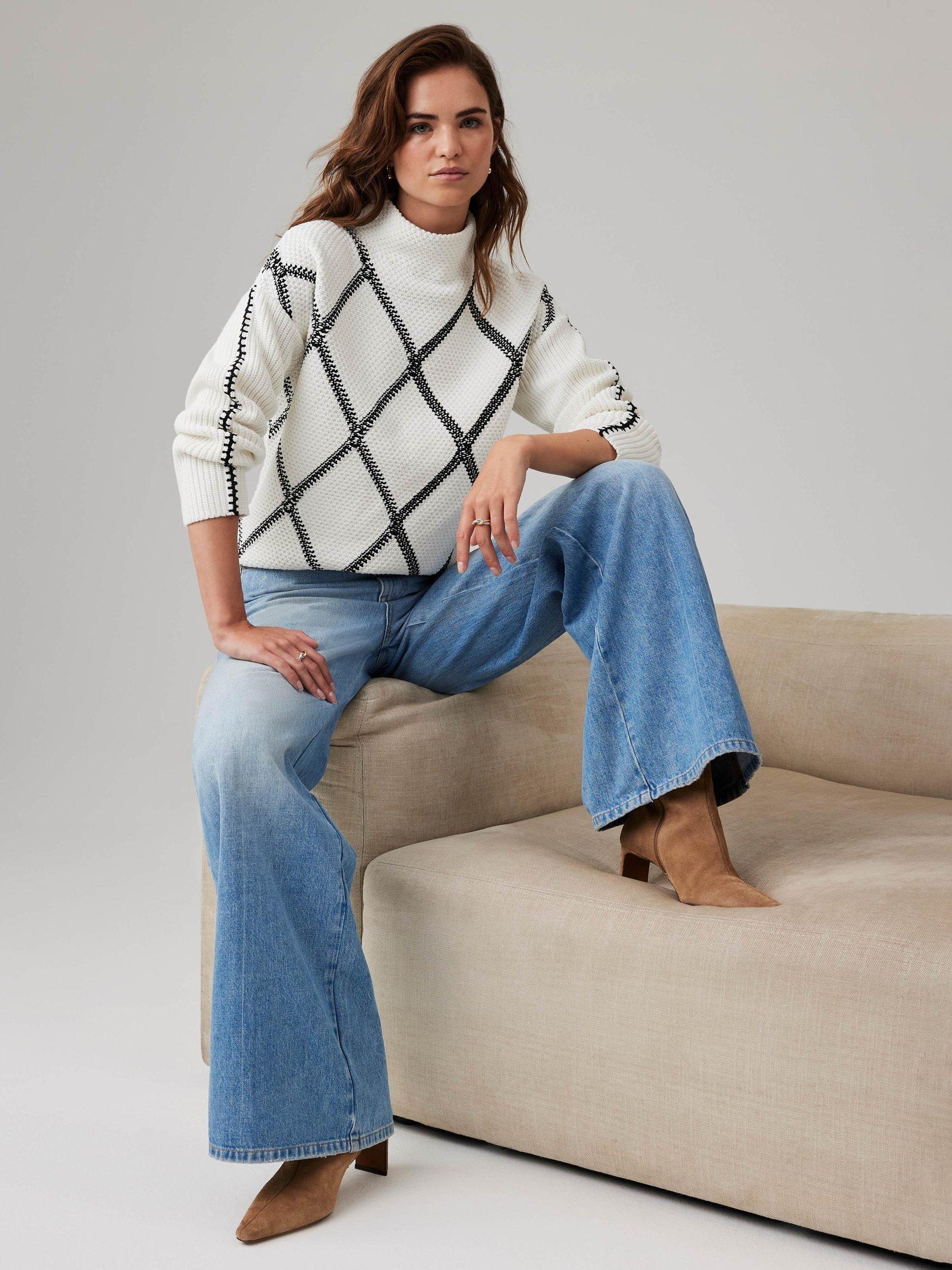 Product image 1 of 8, which shows Mint Velvet Diamond Stitch Jumper, White Ivory, S