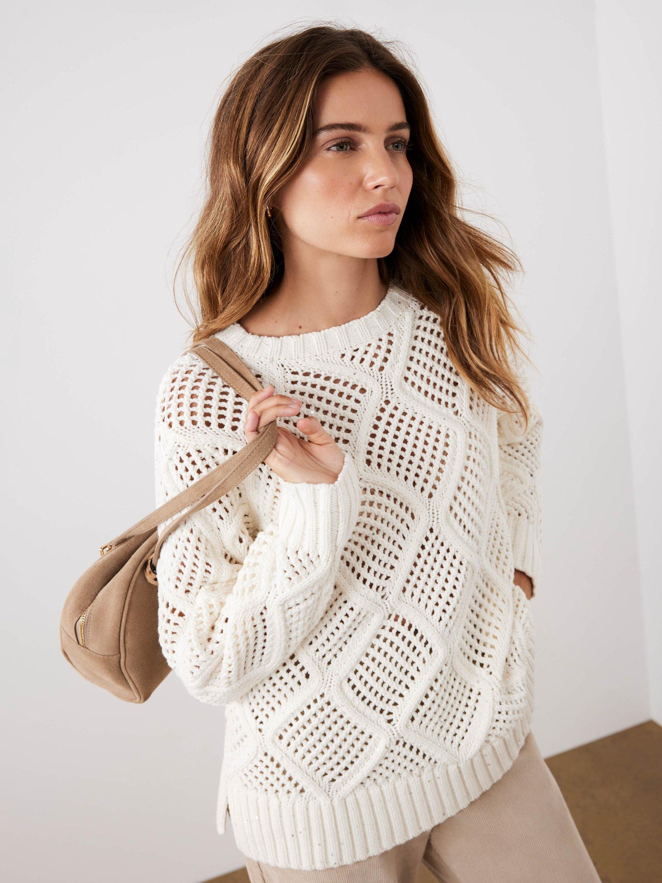 Product image 4 of 8, which shows Mint Velvet Sequin Open Stitch Jumper, White Ivory, M