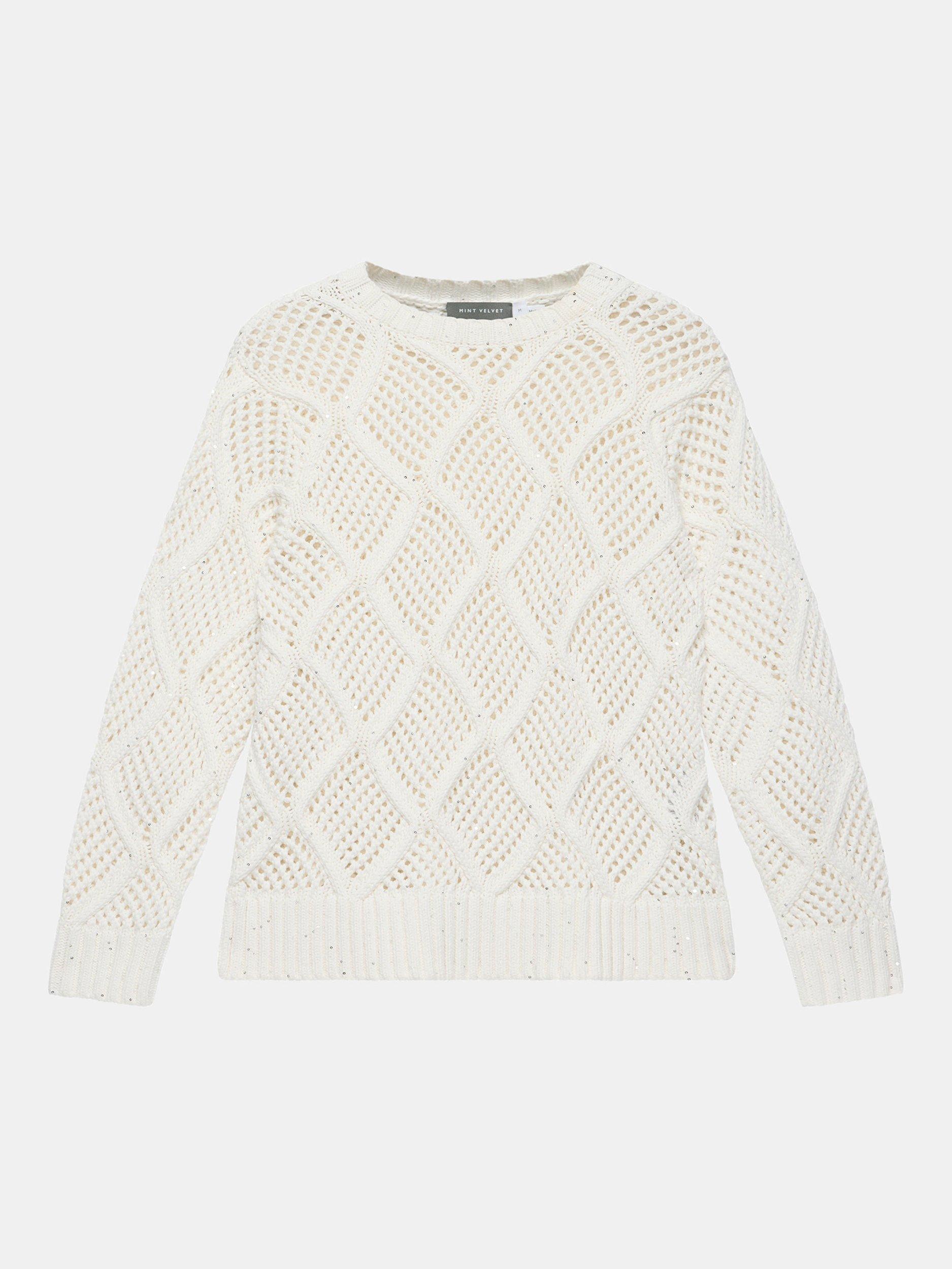 Product image 7 of 8, which shows Mint Velvet Sequin Open Stitch Jumper, White Ivory, M