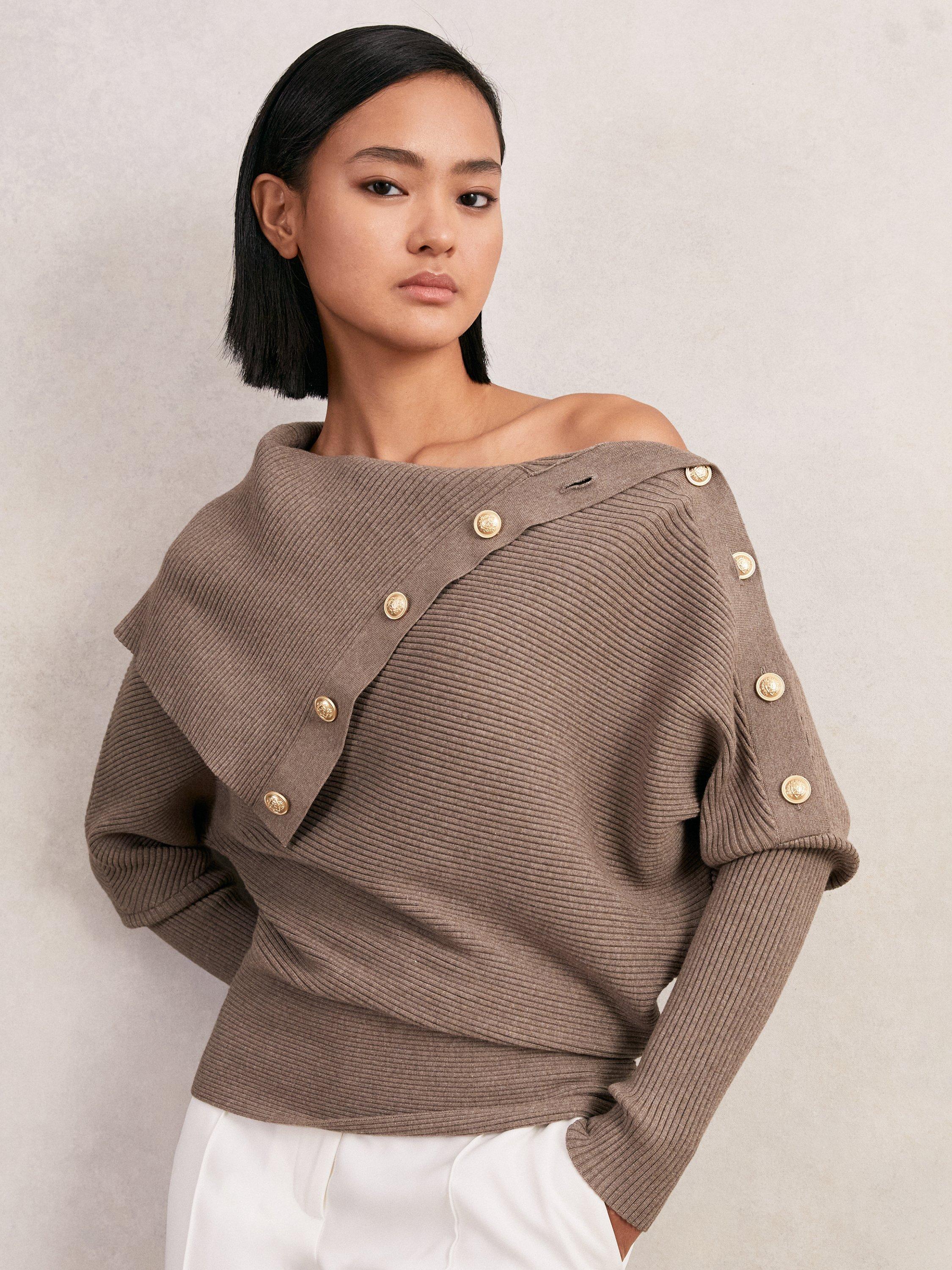 Product image 1 of 5, which shows Reiss Lexi Button Detail Jumper, Taupe, XS