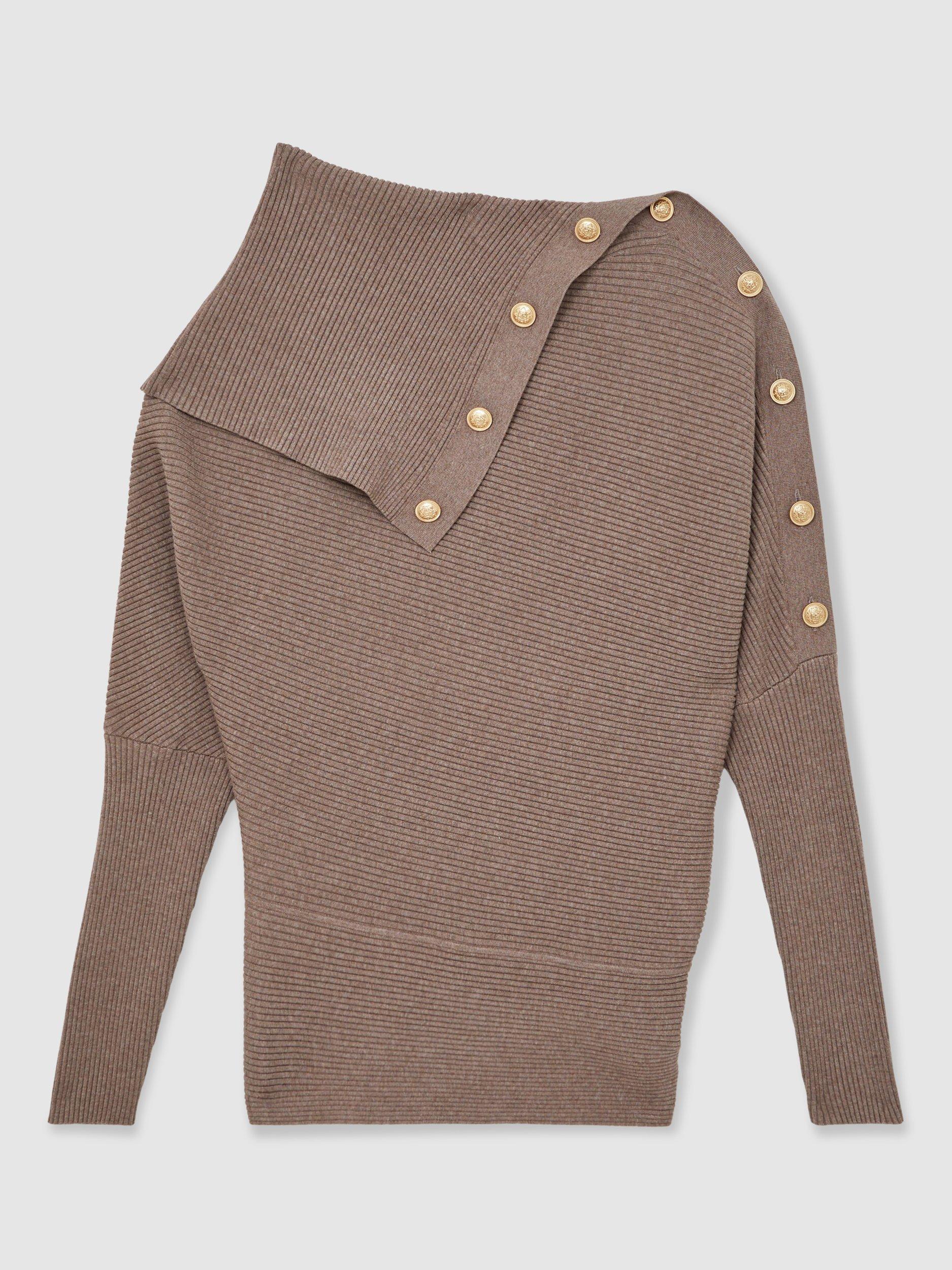 Product image 3 of 5, which shows Reiss Lexi Button Detail Jumper, Taupe, XS