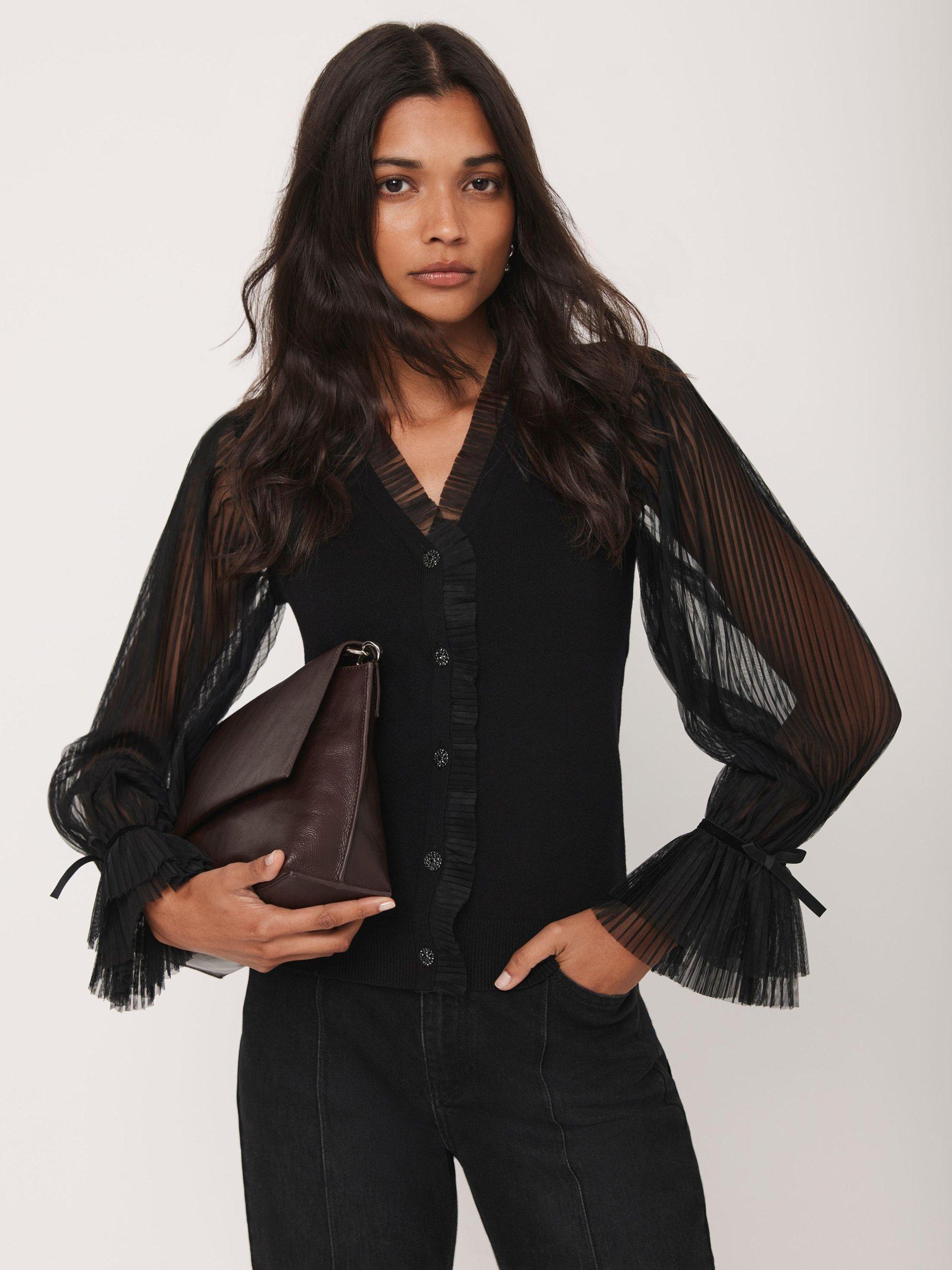 Product image 1 of 8, which shows Mint Velvet Sheer Sleeve Ruffle Cardigan, Black, M