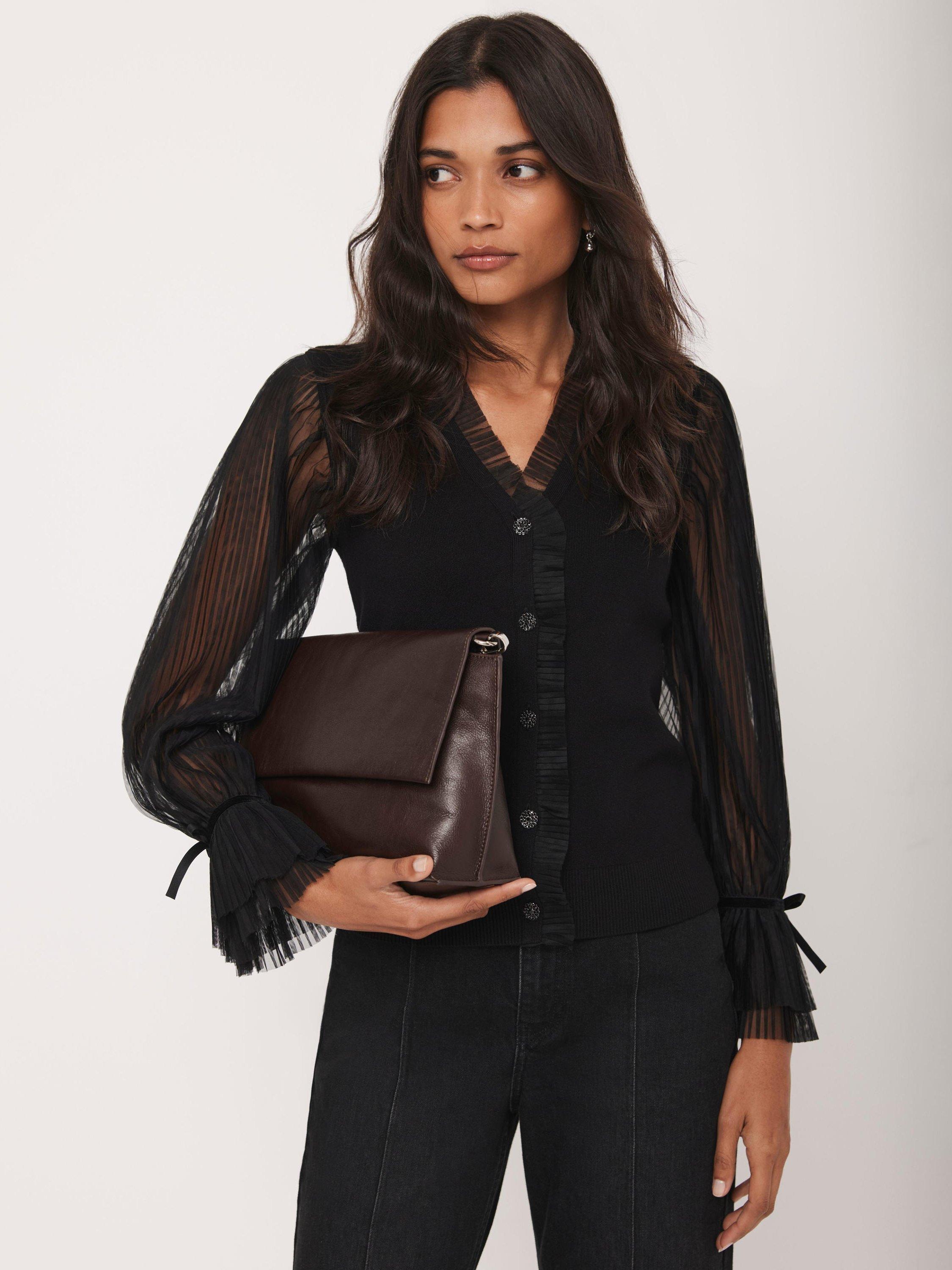 Product image 3 of 8, which shows Mint Velvet Sheer Sleeve Ruffle Cardigan, Black, M