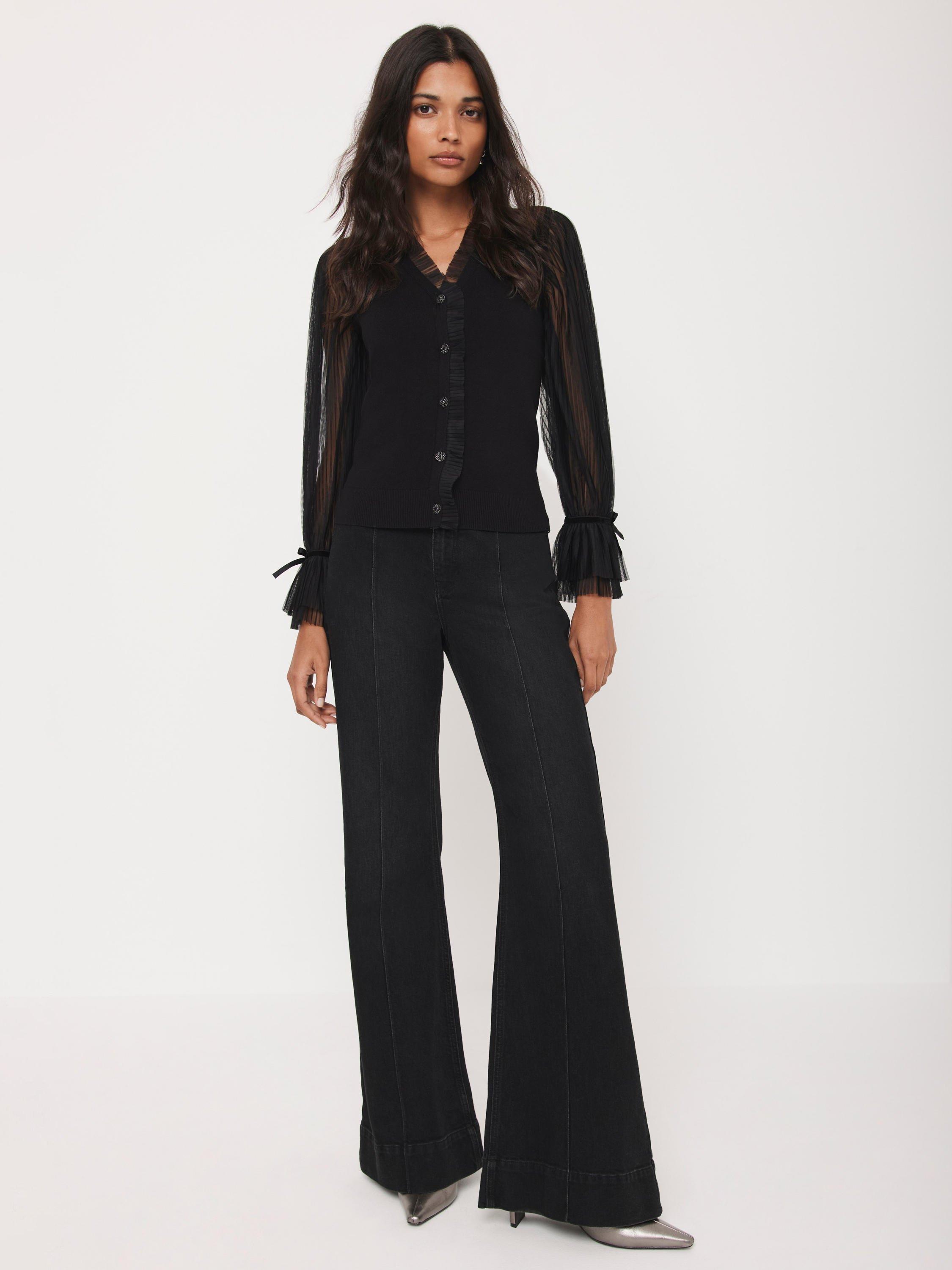 Product image 5 of 8, which shows Mint Velvet Sheer Sleeve Ruffle Cardigan, Black, M