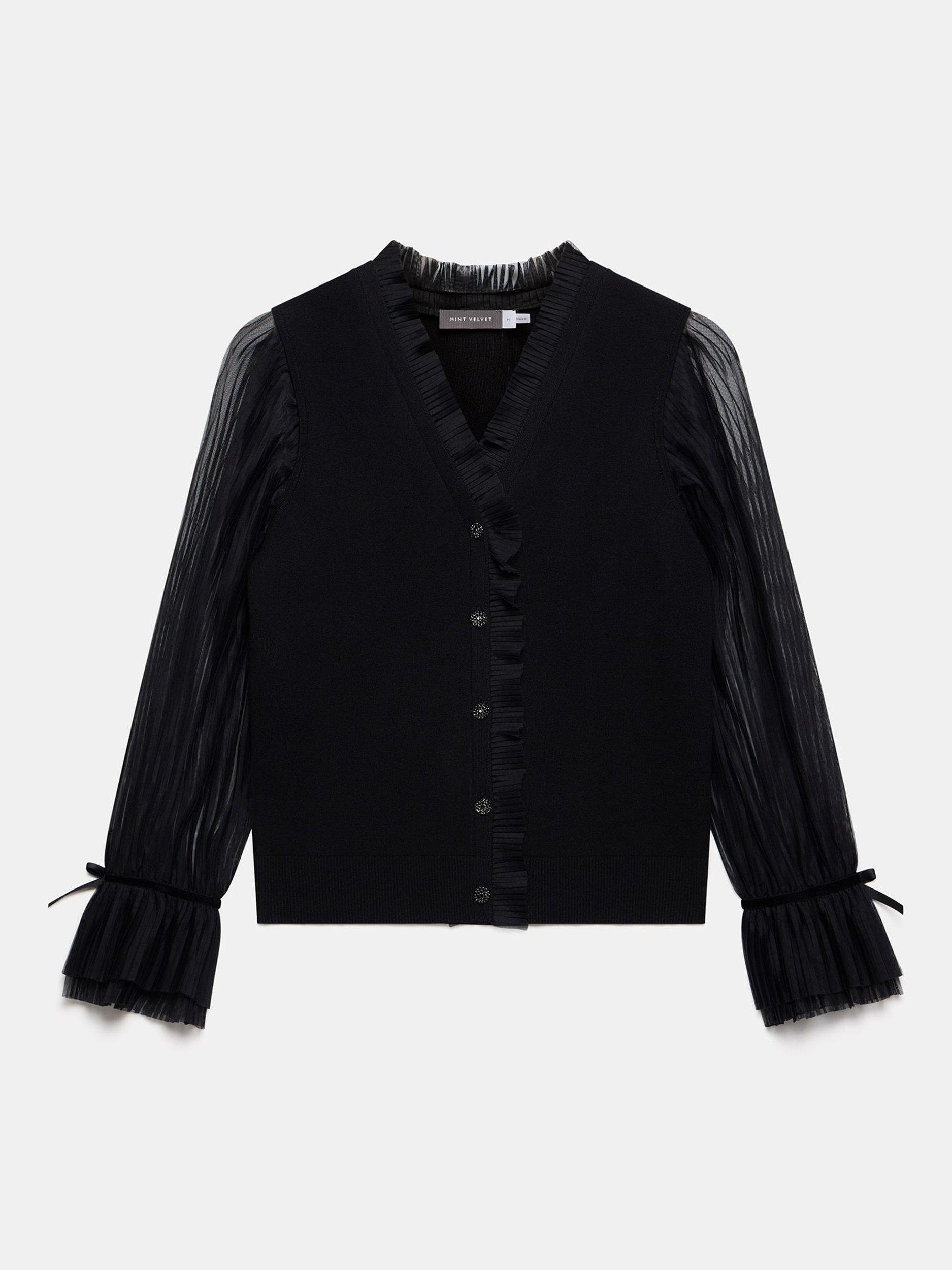 Product image 6 of 8, which shows Mint Velvet Sheer Sleeve Ruffle Cardigan, Black, M