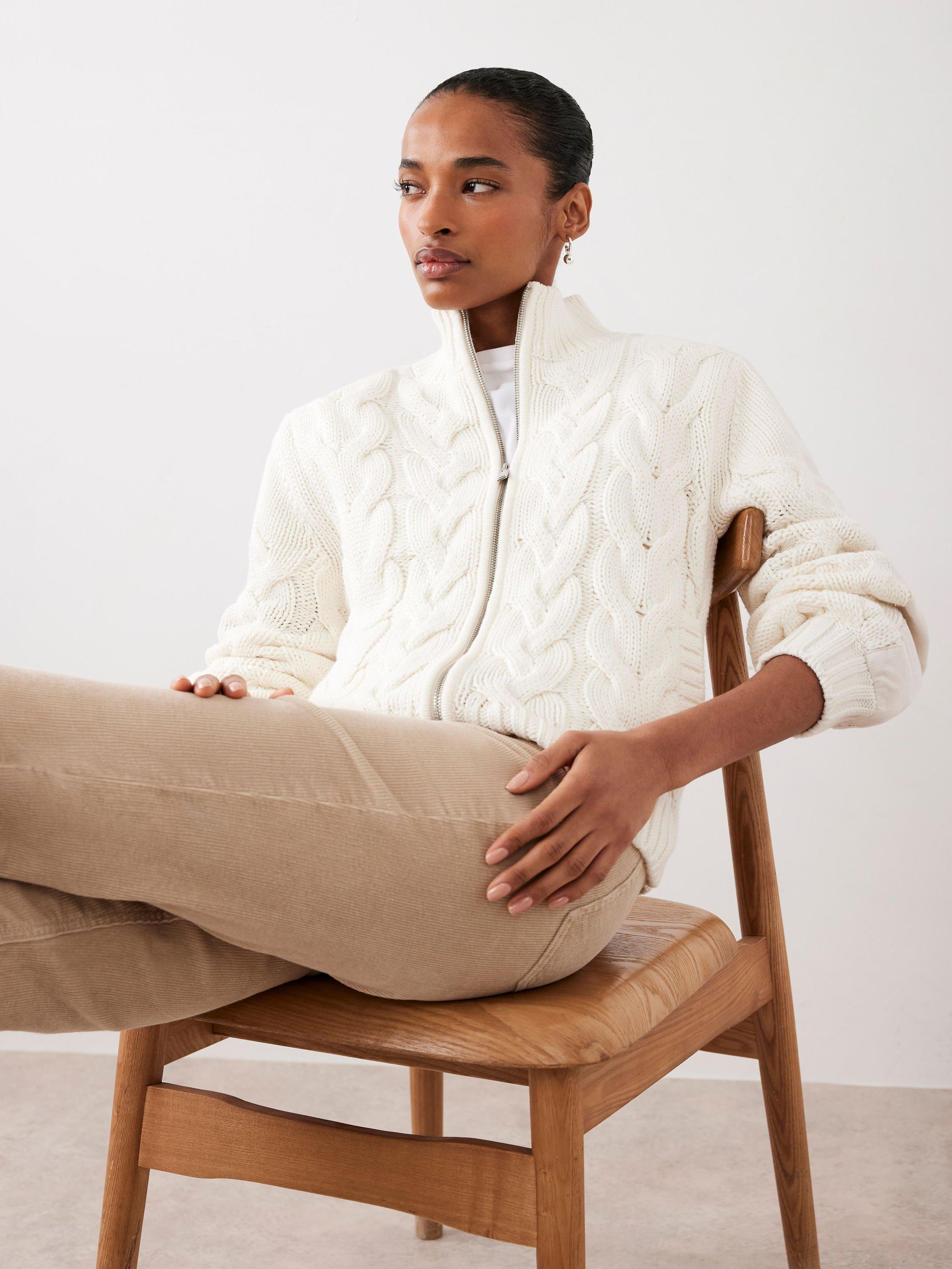 Product image 3 of 8, which shows Mint Velvet High Neck Cable Knit Jacket, White Ivory, M